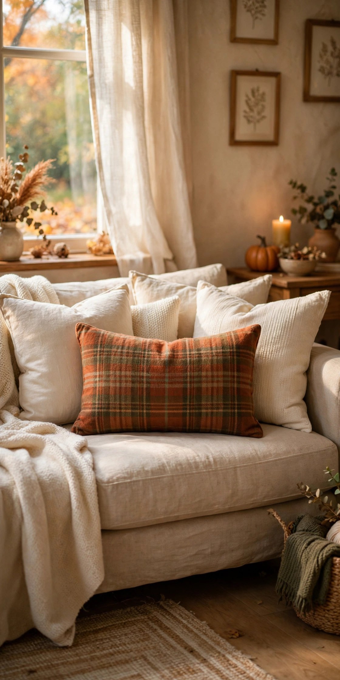 Plaid lumbar pillow on fall sofa