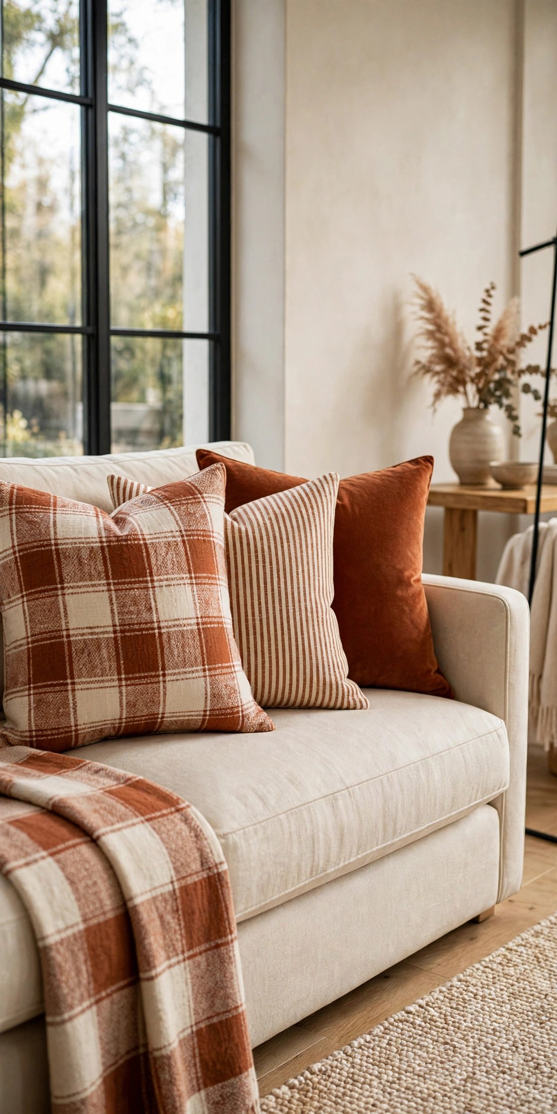 Mixed plaid stripe and solid pillows