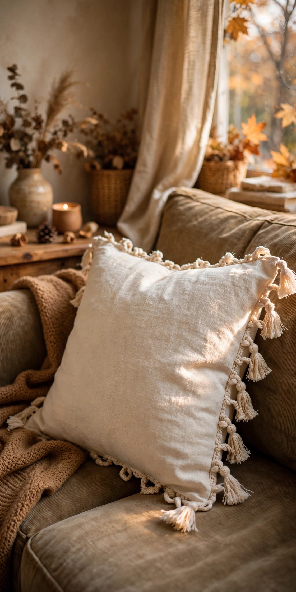 Linen pillow with tassels and fringe