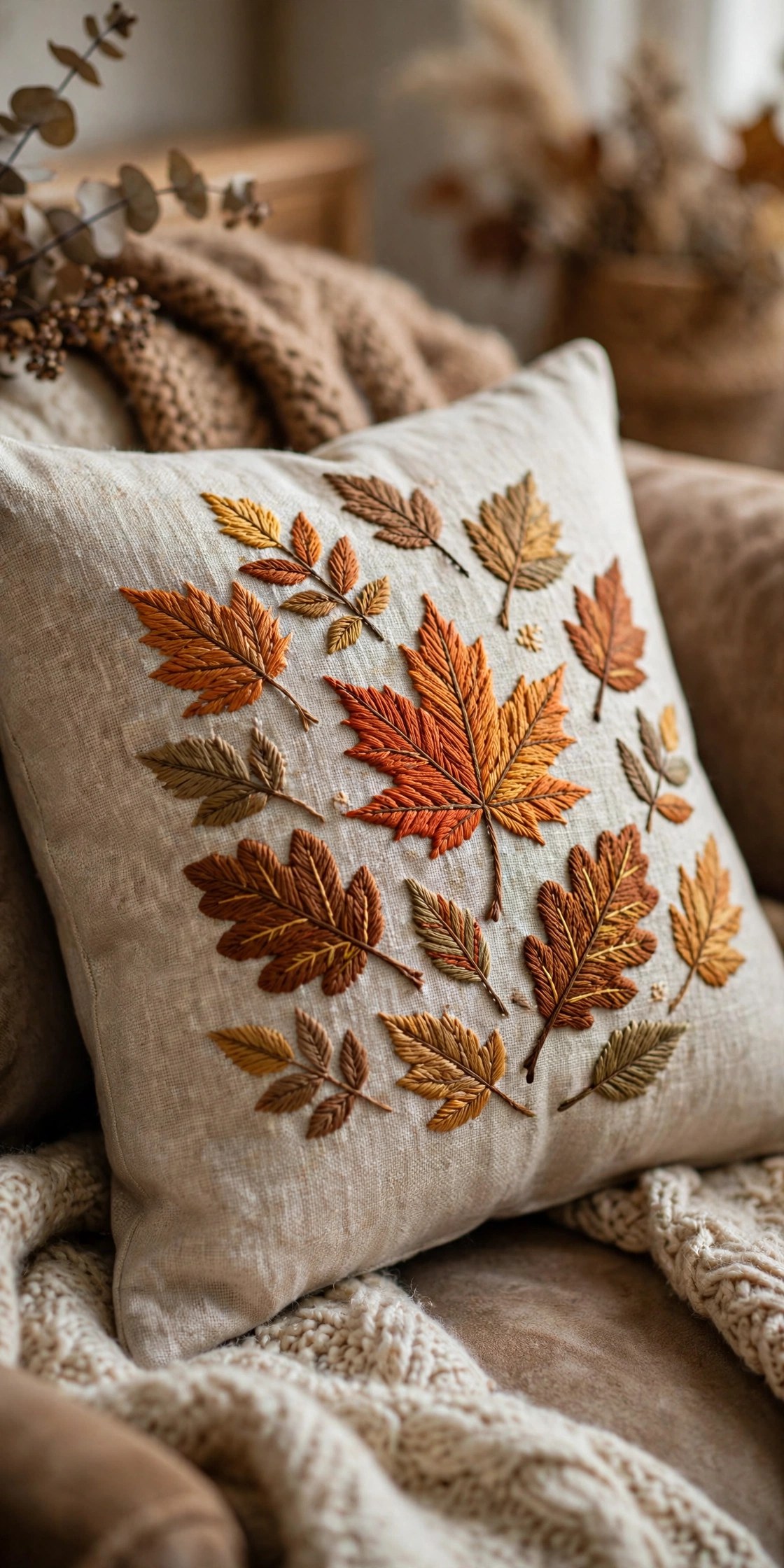 Embroidered autumn leaf pillow