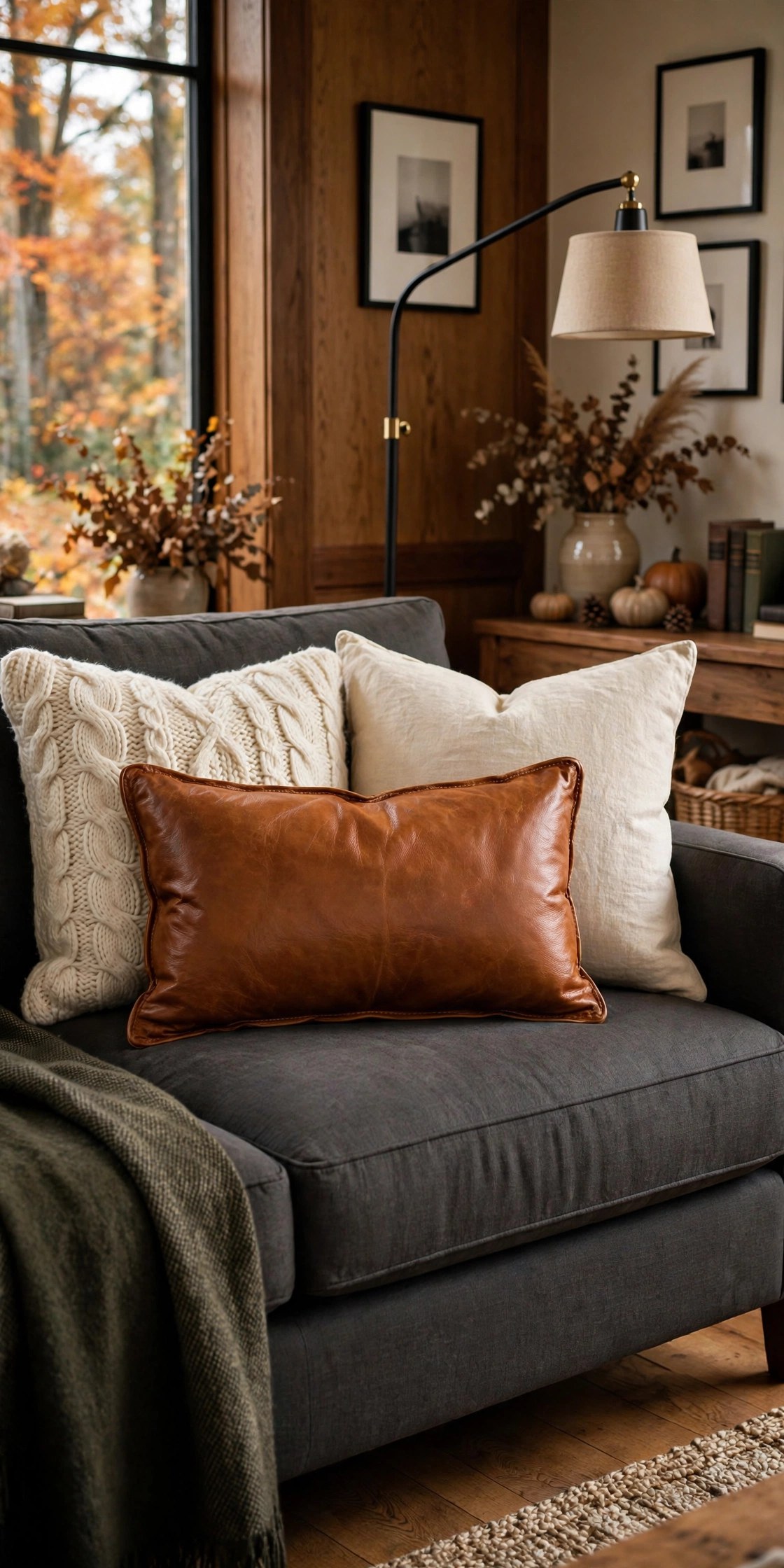 Cognac leather lumbar pillow