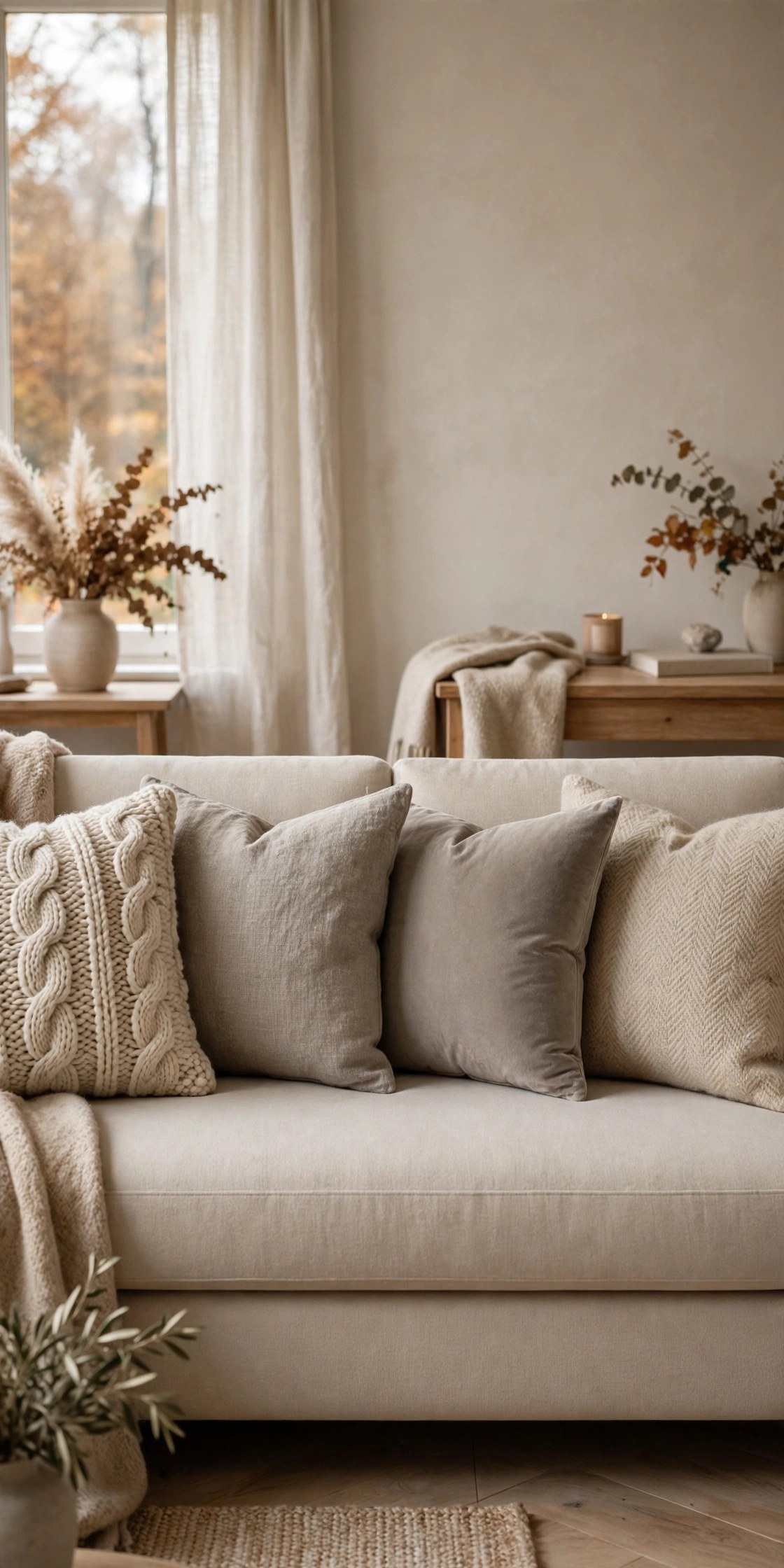 Neutral textured pillows in cream and gray