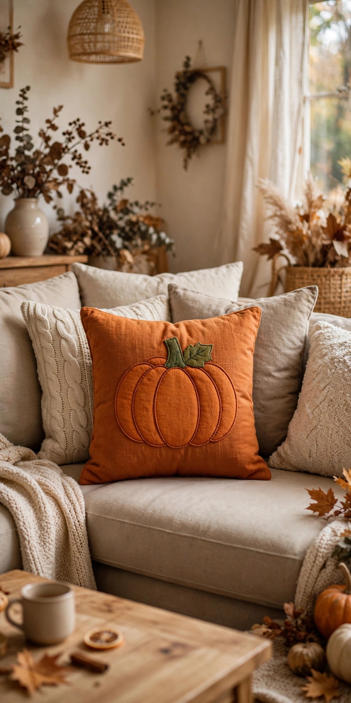 Pumpkin motif applique pillow