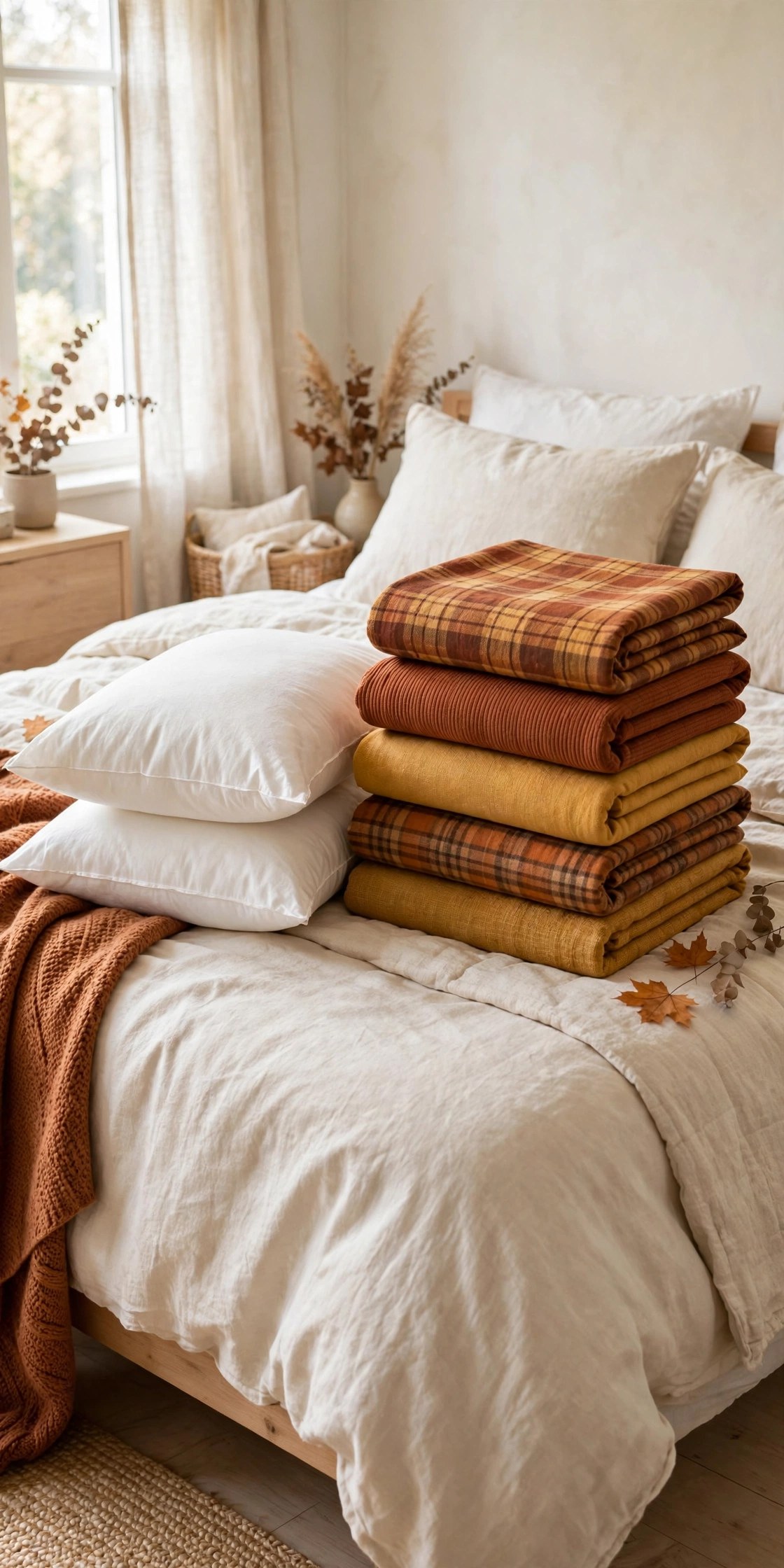 Stack of fall pillow covers and inserts