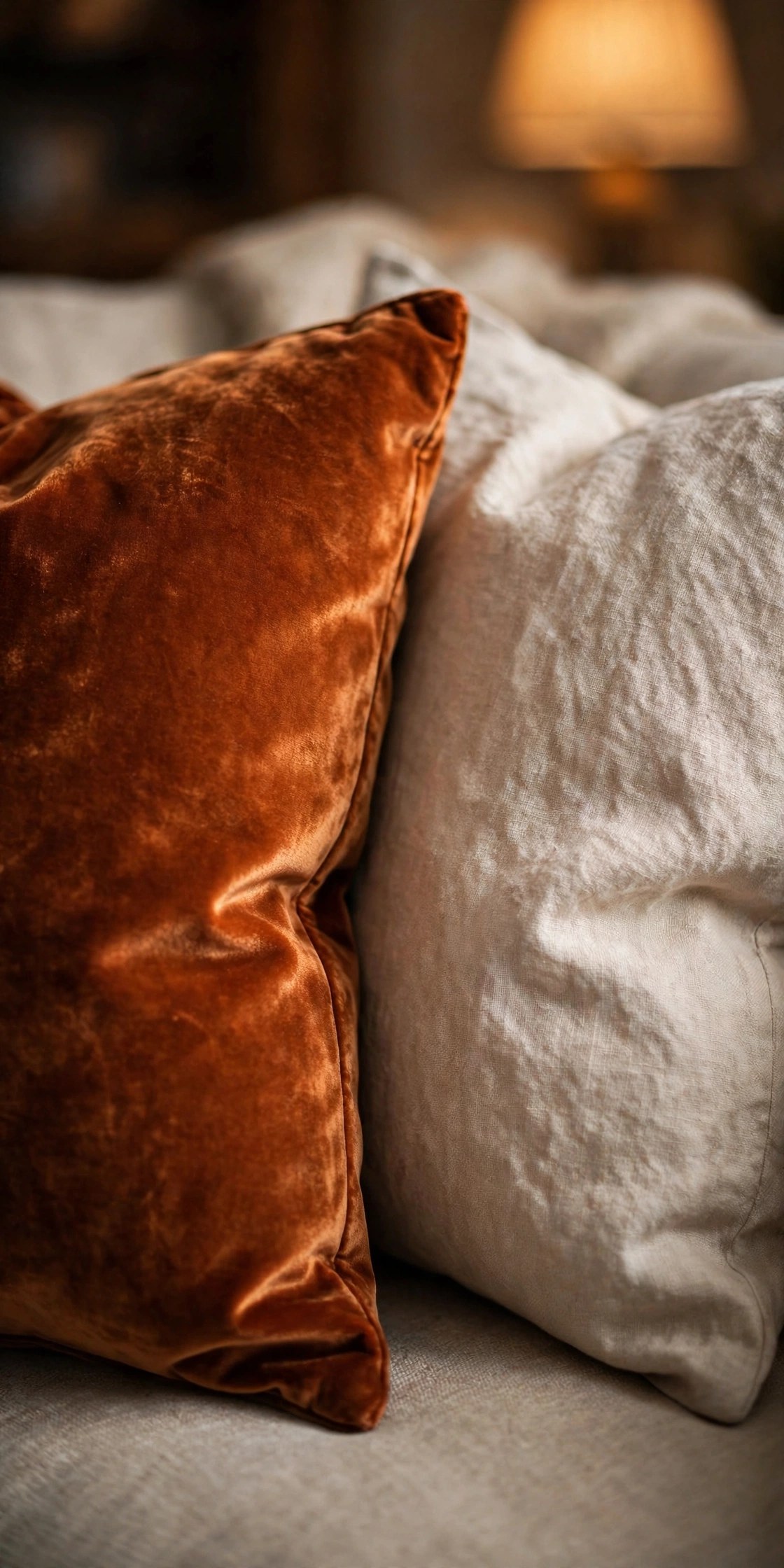 Velvet and linen pillows mixed