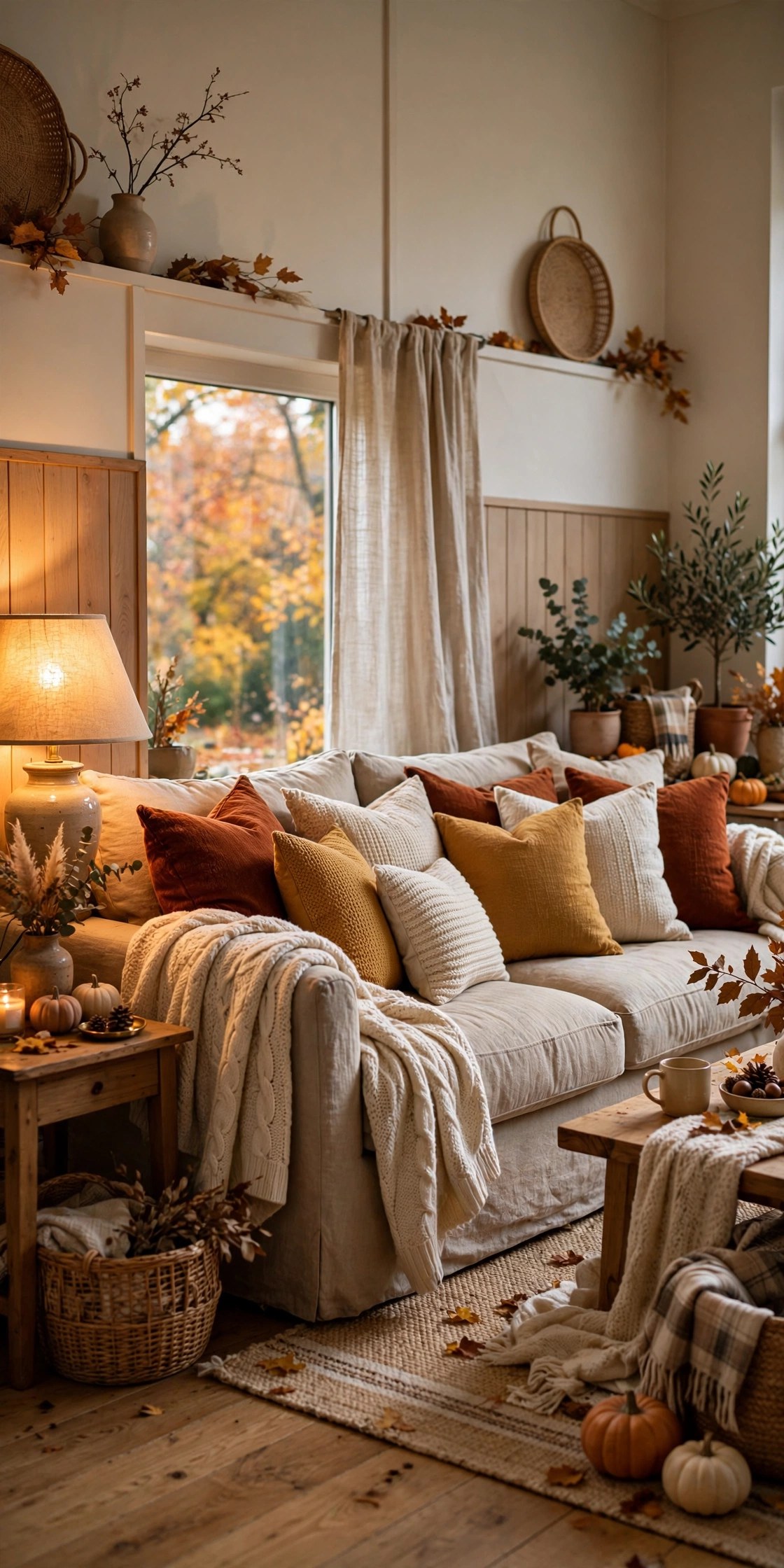 Cozy fall living room sofa with layered pillows