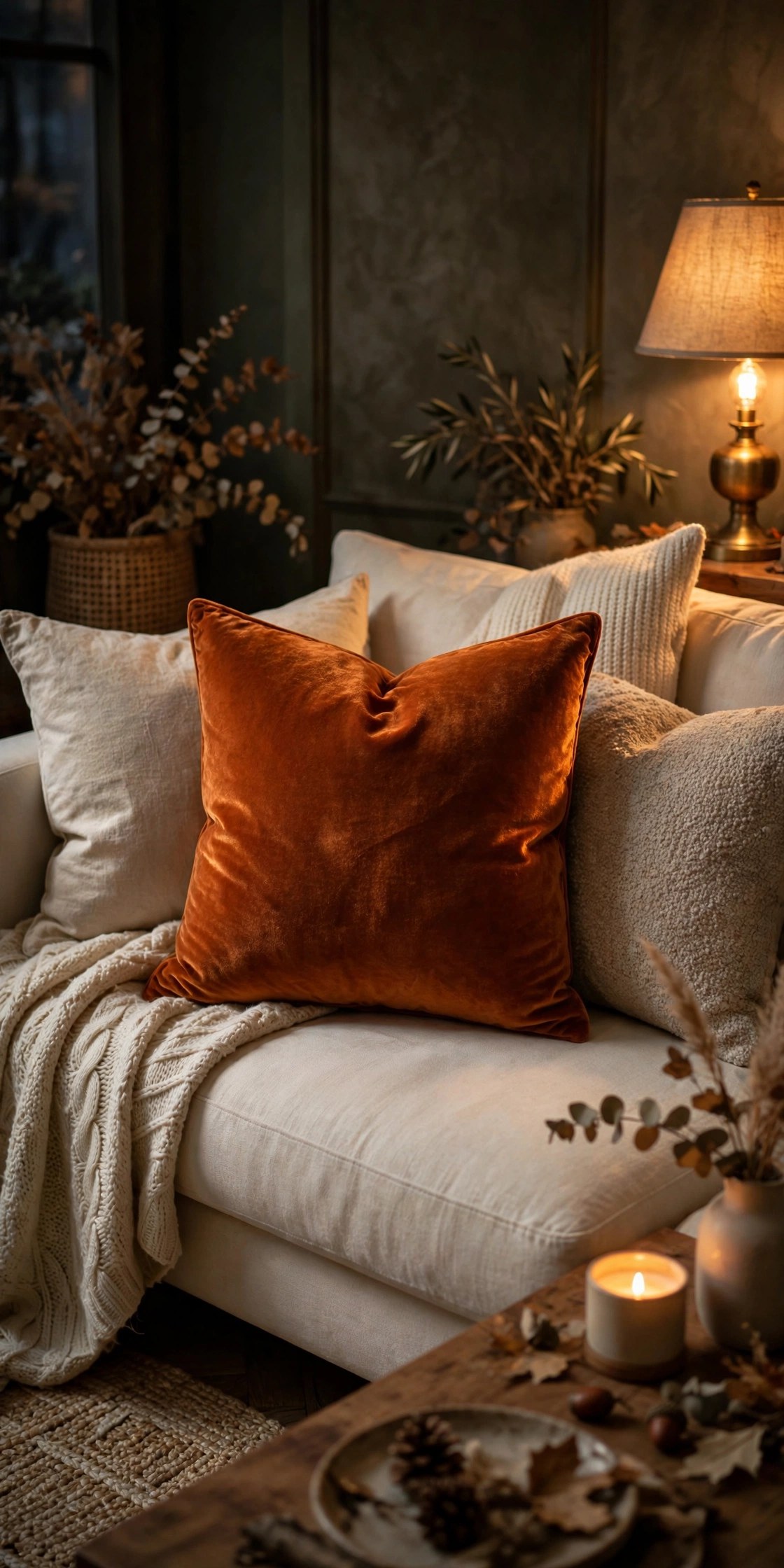 Burnt orange velvet throw pillow