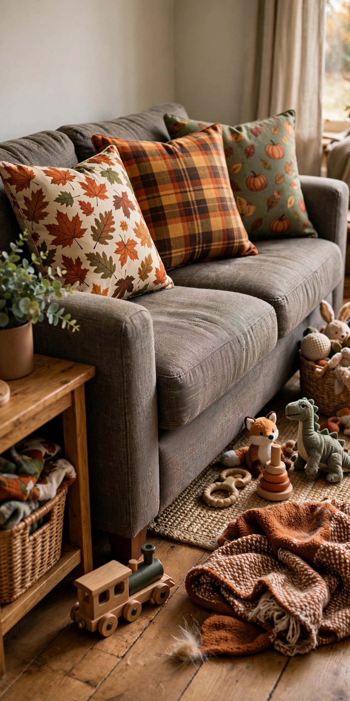 Outdoor-rated pillows on indoor sofa