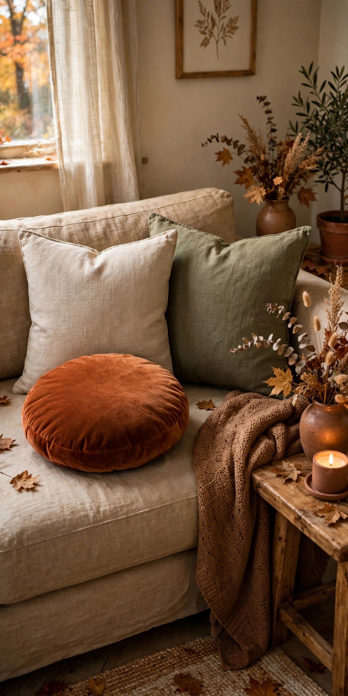 Round velvet cushion on sofa