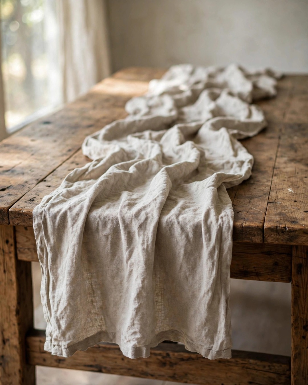 Linen table runner on wood dining table for fall