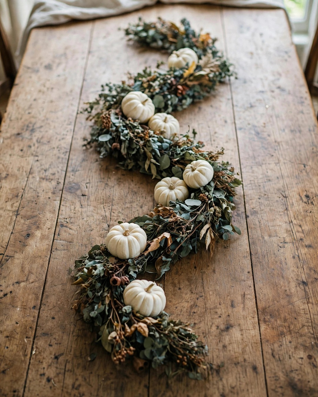 Dried eucalyptus garland down the center of a fall table
