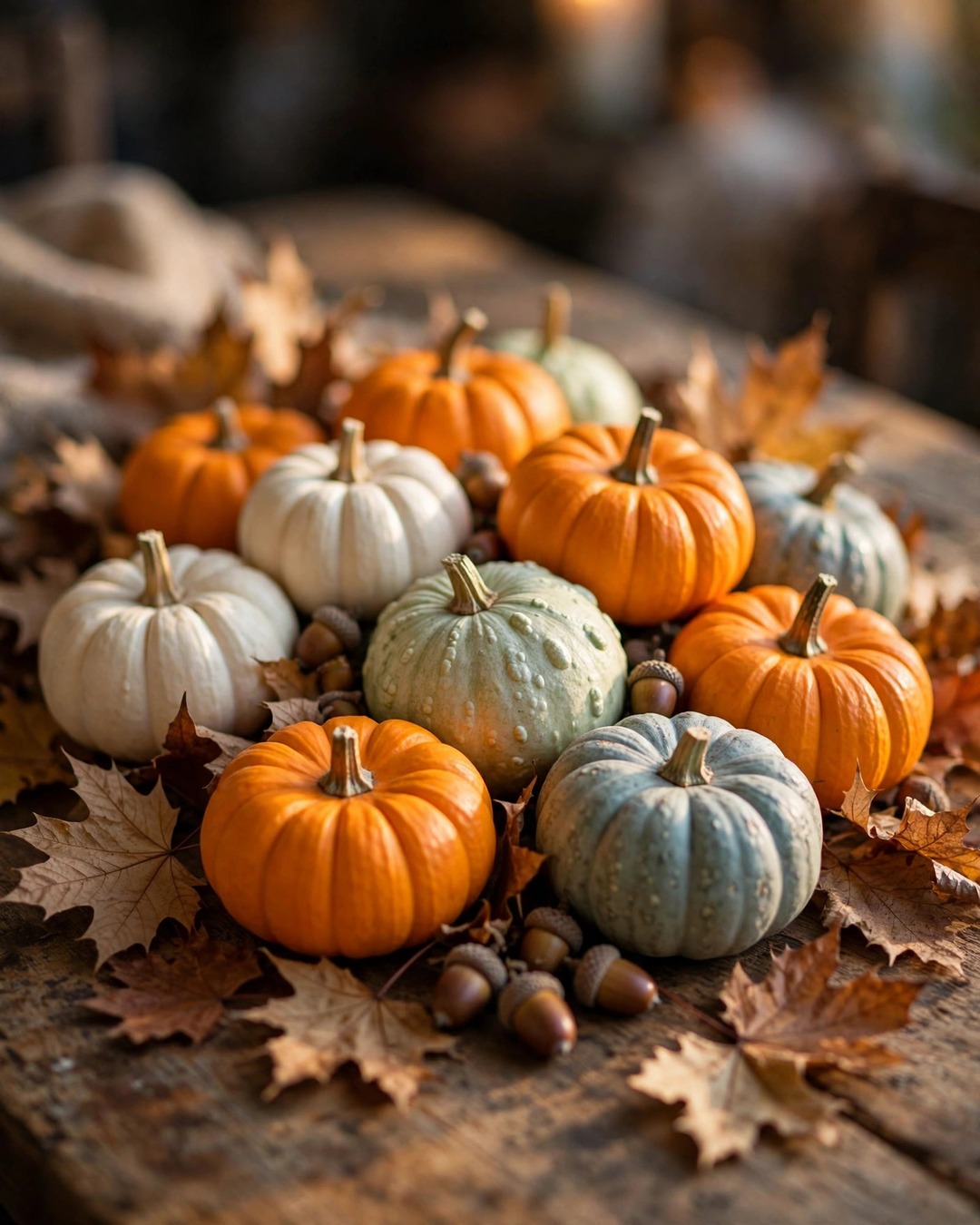 Mini pumpkins and gourds clustered on a fall dining table