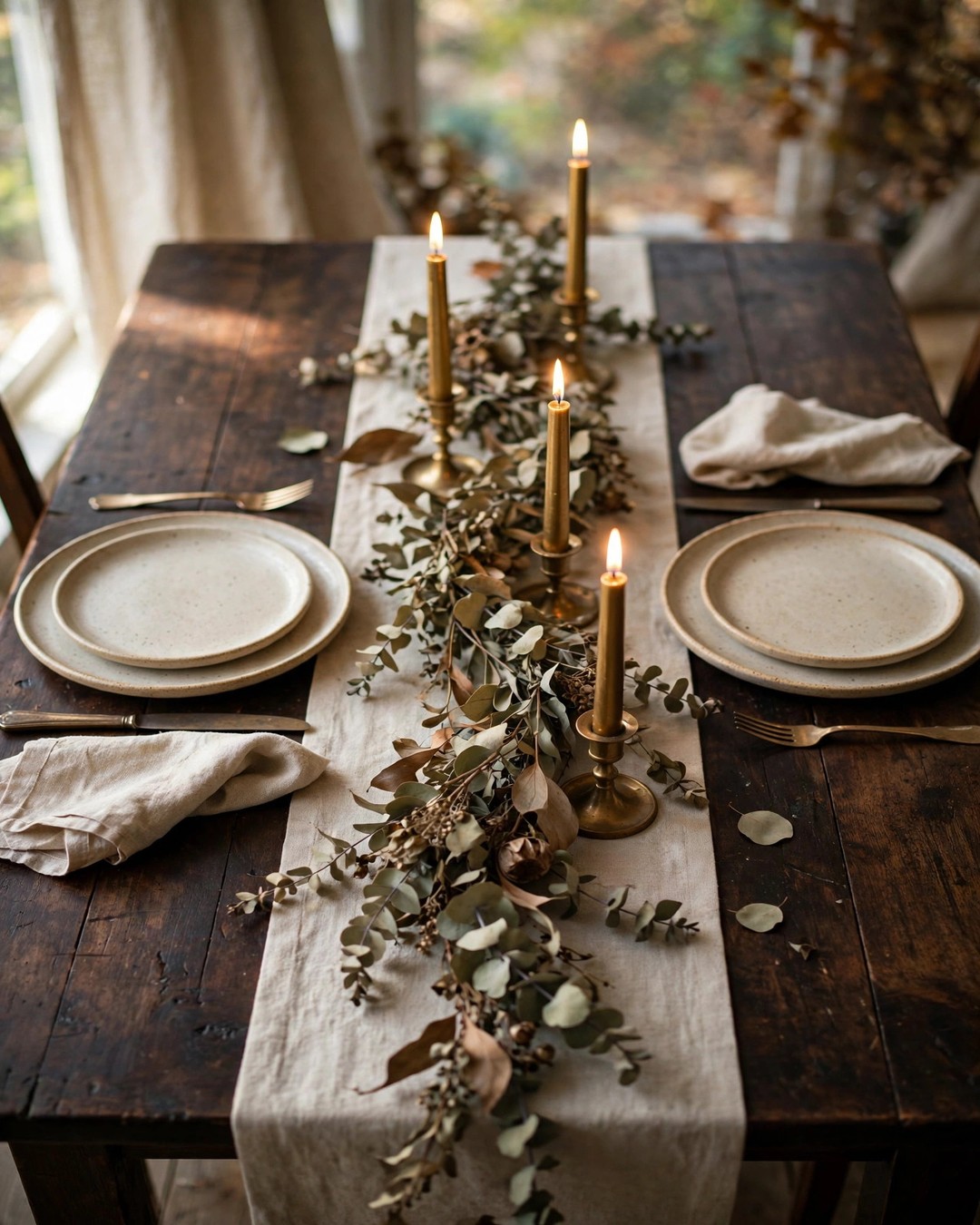 Fall dining table with a eucalyptus garland runner and taper candles