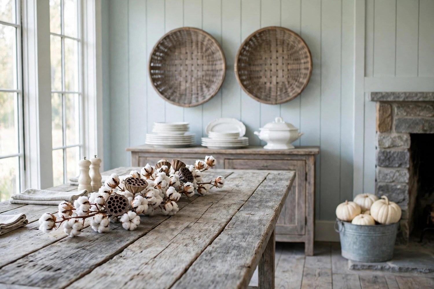 Farmhouse Thanksgiving dining room with a cotton-stem runner on a weathered wood table, tobacco baskets on the wall, ironstone on the sideboard, and a galvanized bucket of white pumpkins