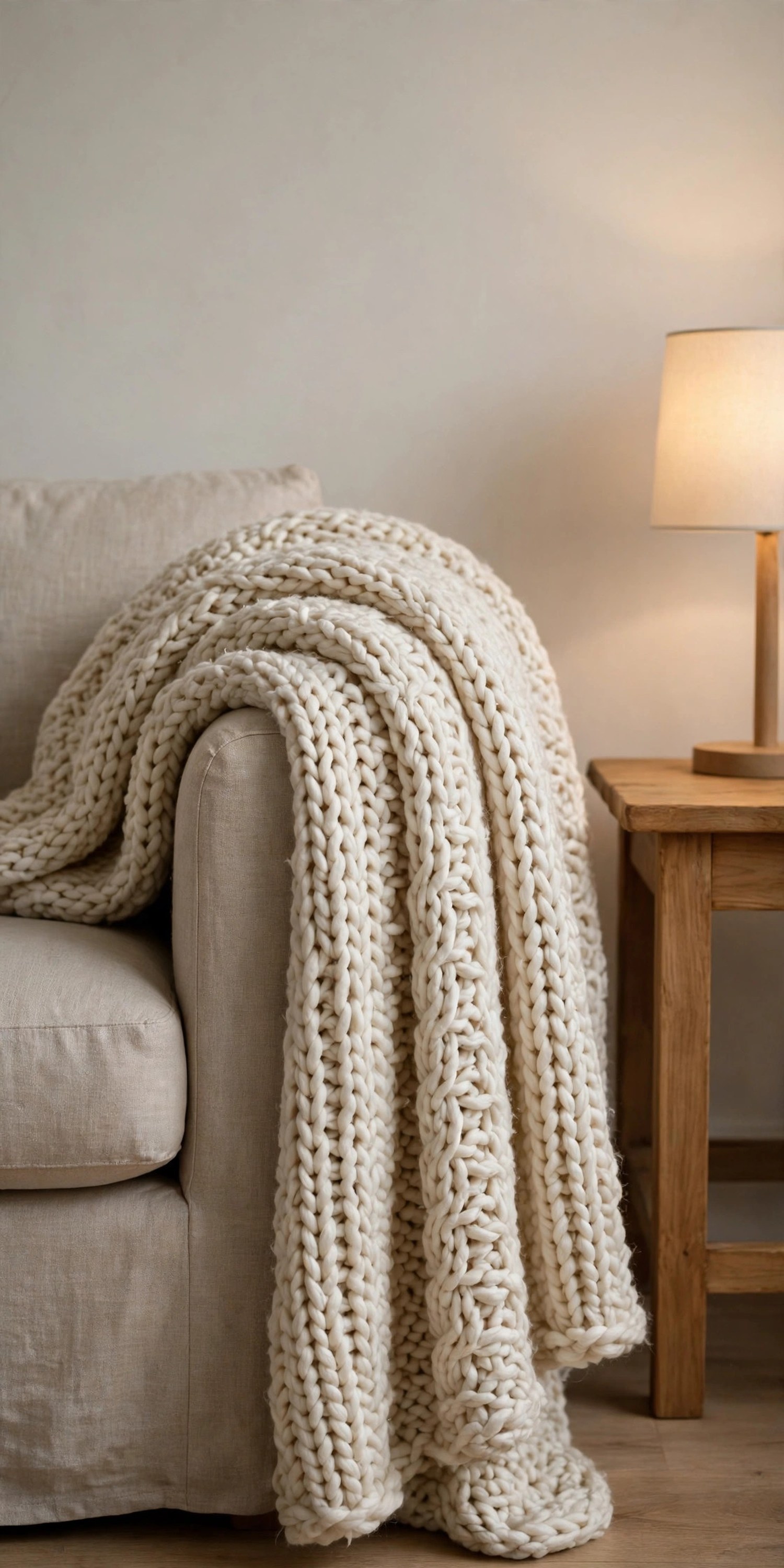 Cream chunky knit throw with oversized stitches draped over the arm of a linen sofa beside a lit table lamp