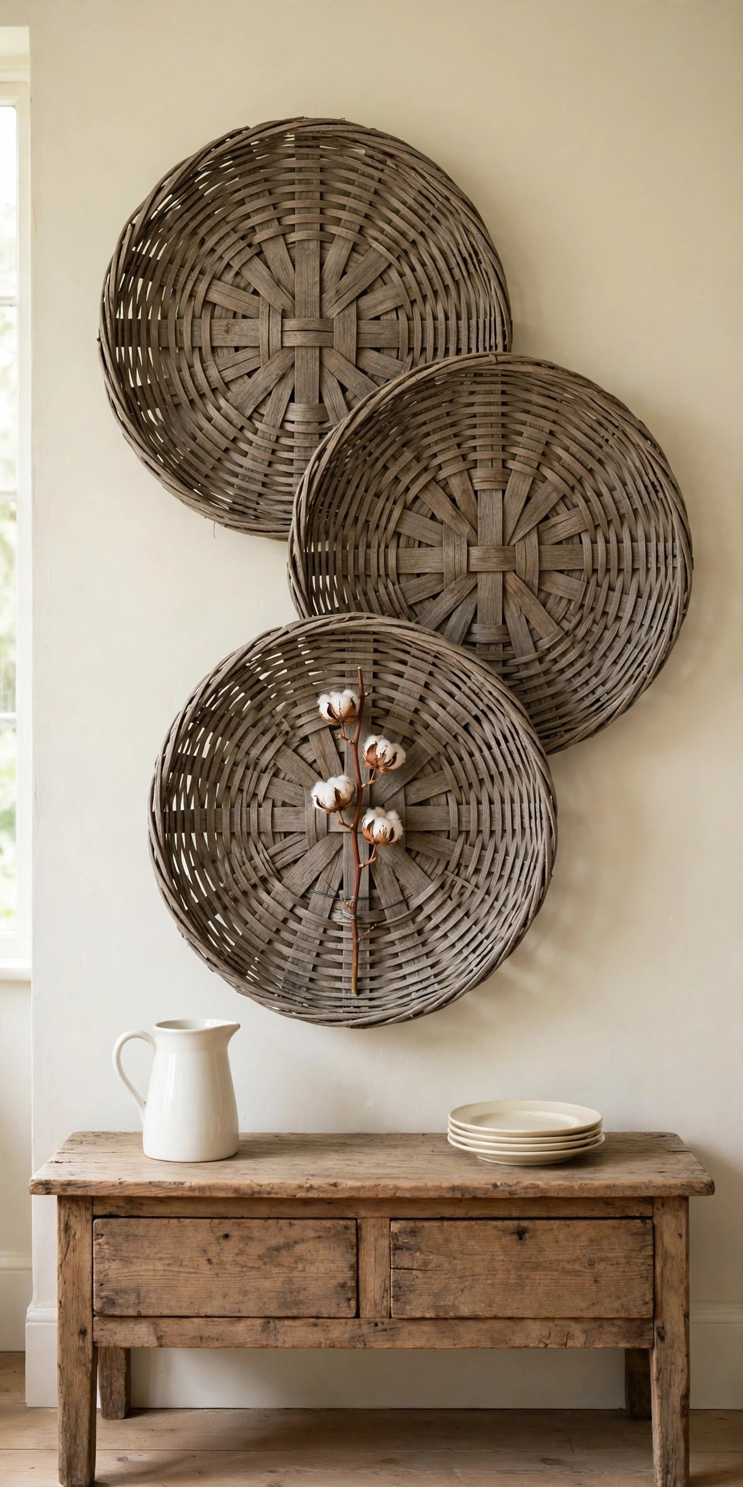 Three woven tobacco baskets hanging overlapped on a wall above a wooden sideboard with a white pitcher and cream plates