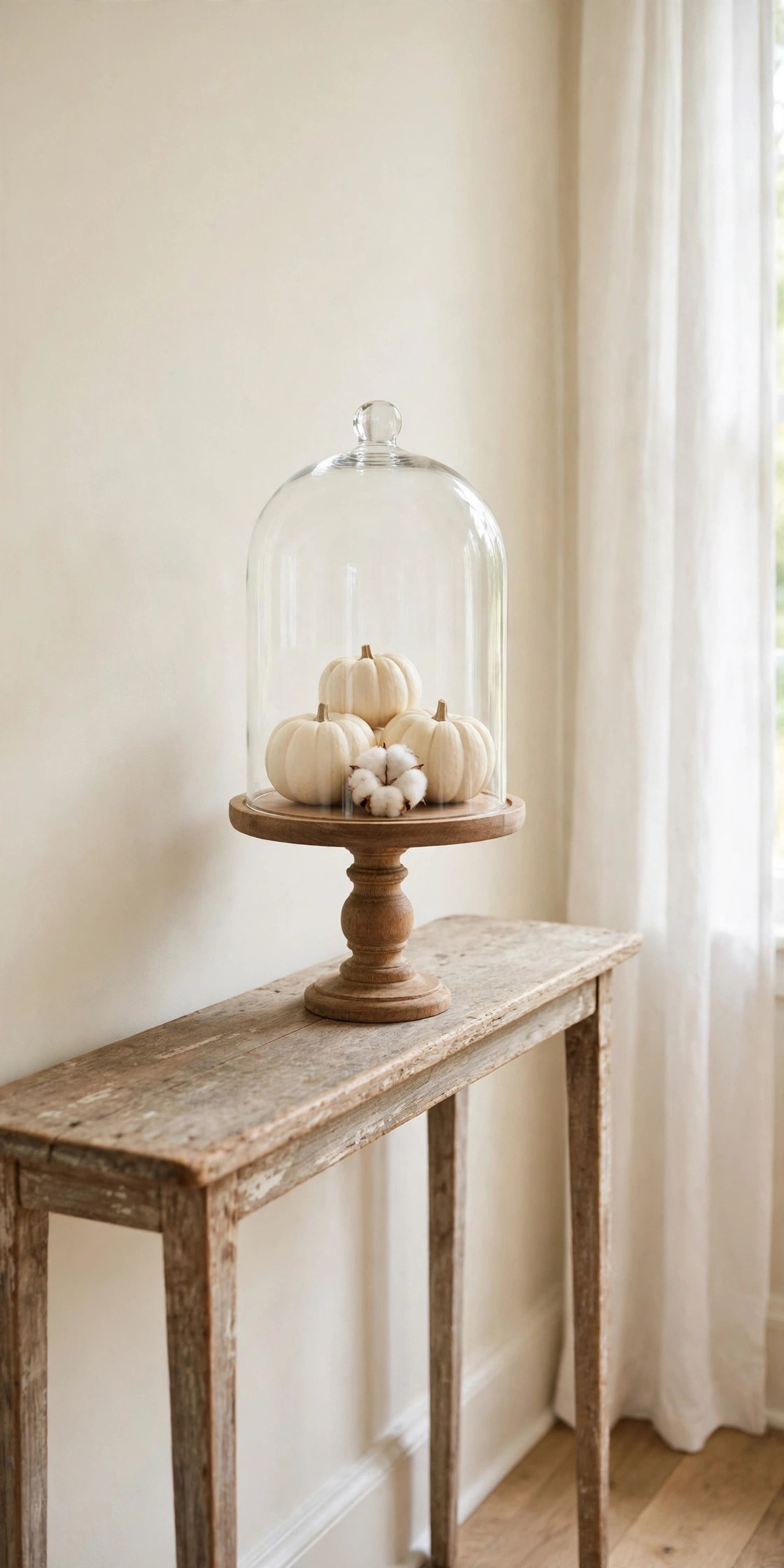 Clear glass cloche covering white mini pumpkins and a cotton boll on a turned-wood pedestal on an entry console