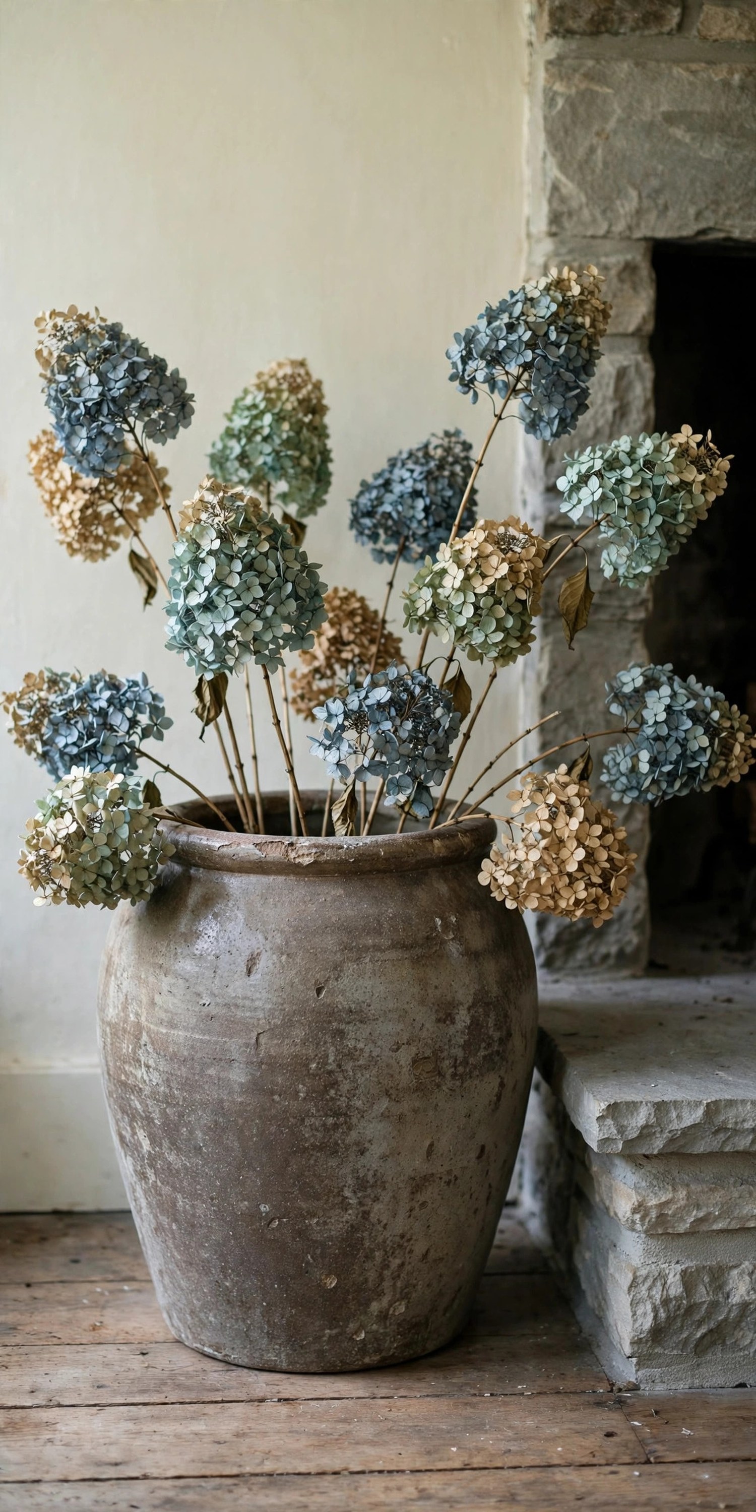 Large stoneware crock filled with dried hydrangeas in dusty blue, celadon, and parchment beside a stone fireplace