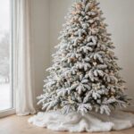 Heavily flocked Christmas tree with champagne and ivory ornaments, warm lights and a white faux fur skirt in a bright living room
