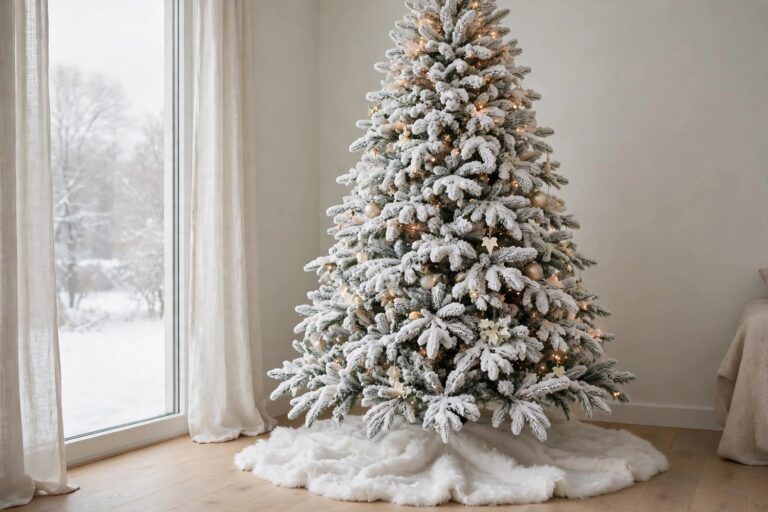 Heavily flocked Christmas tree with champagne and ivory ornaments, warm lights and a white faux fur skirt in a bright living room