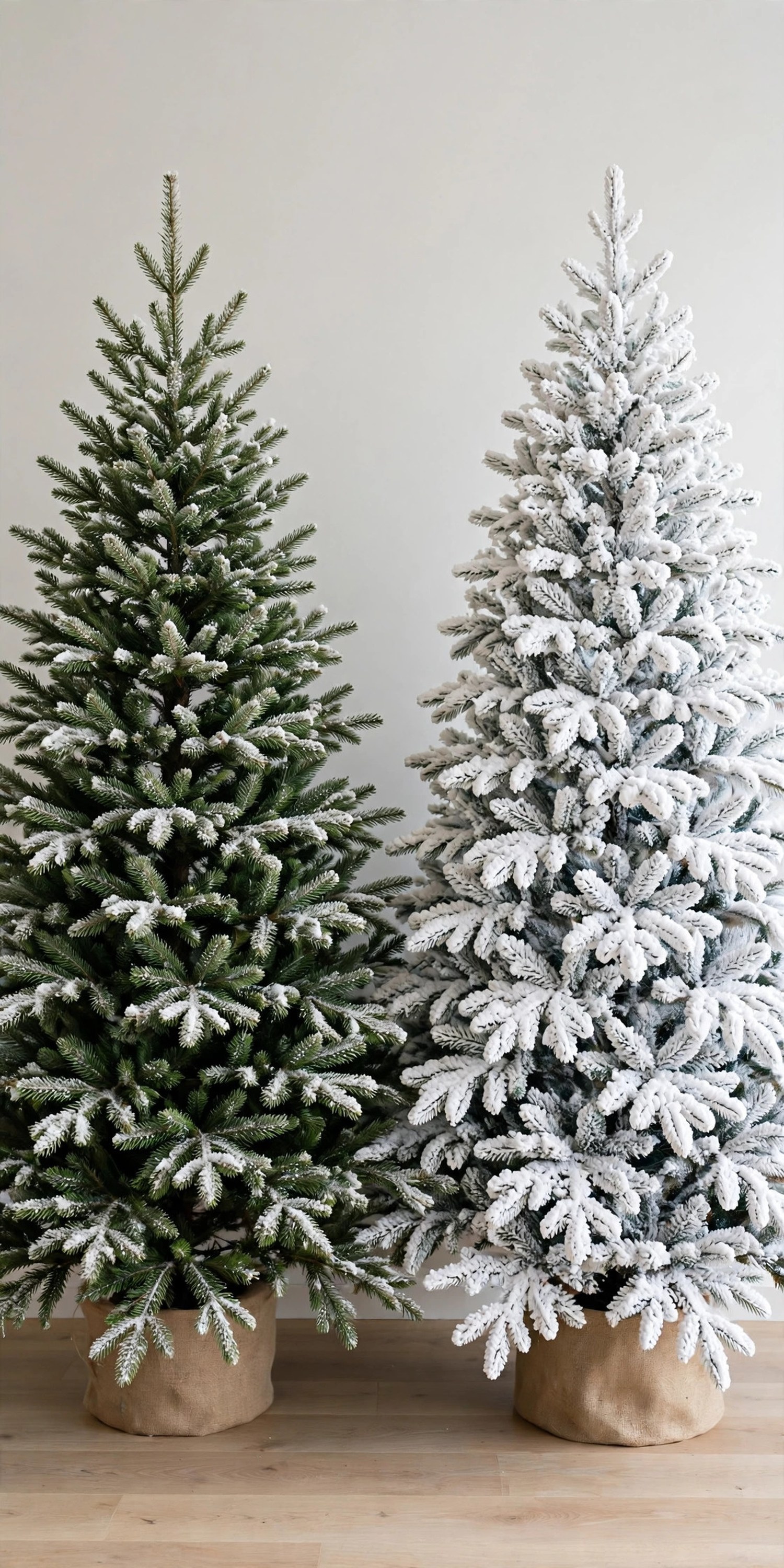 Lightly frosted green Christmas tree beside a heavily flocked white Christmas tree, both undecorated