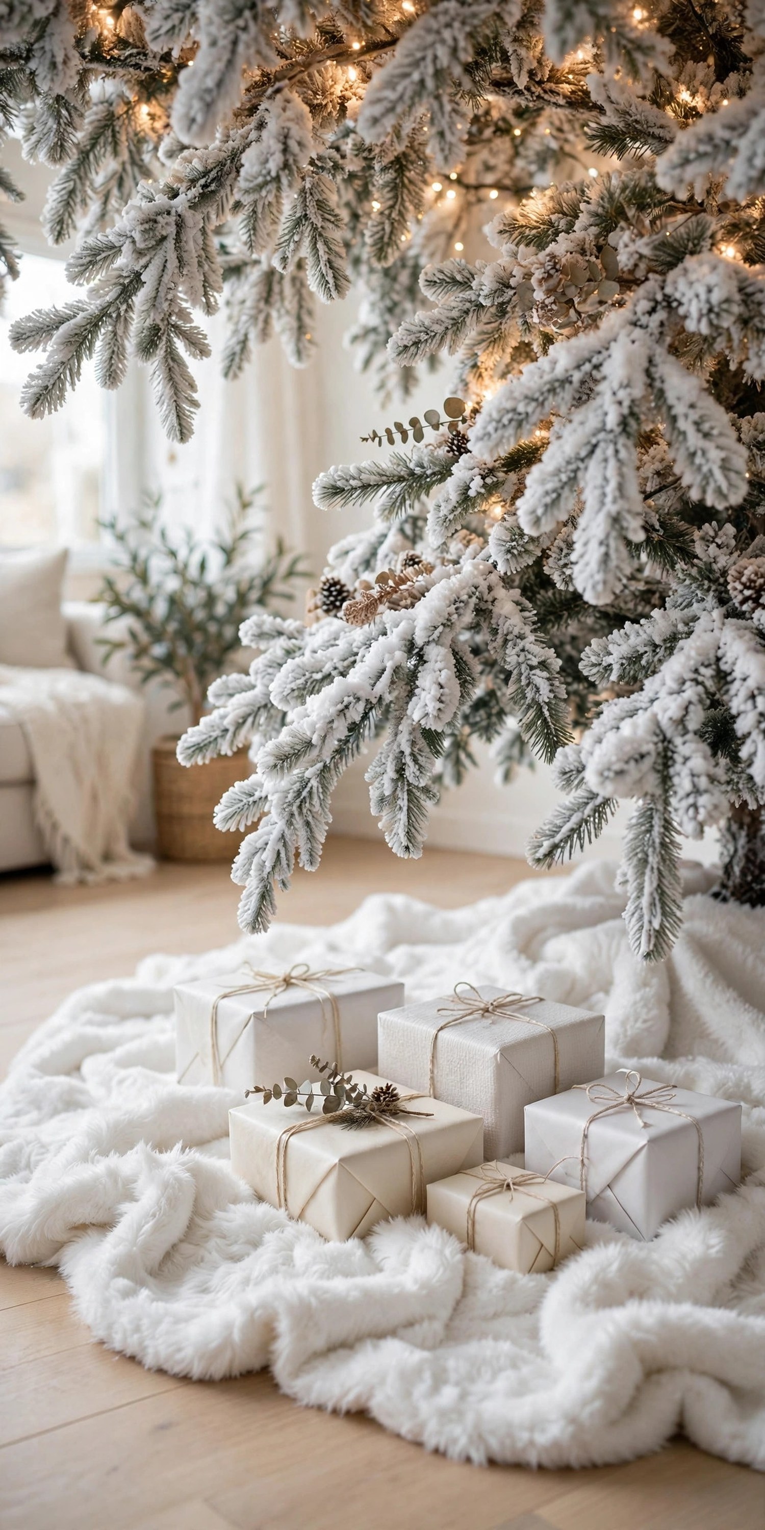 Base of a flocked Christmas tree with a white faux fur skirt in soft folds and white and cream wrapped gifts