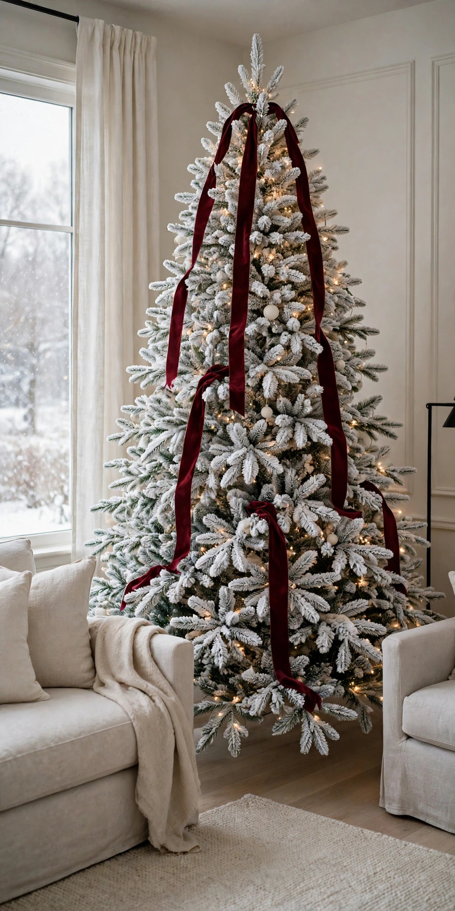 Flocked Christmas tree with long burgundy velvet ribbon tails draped loosely down through the snowy branches