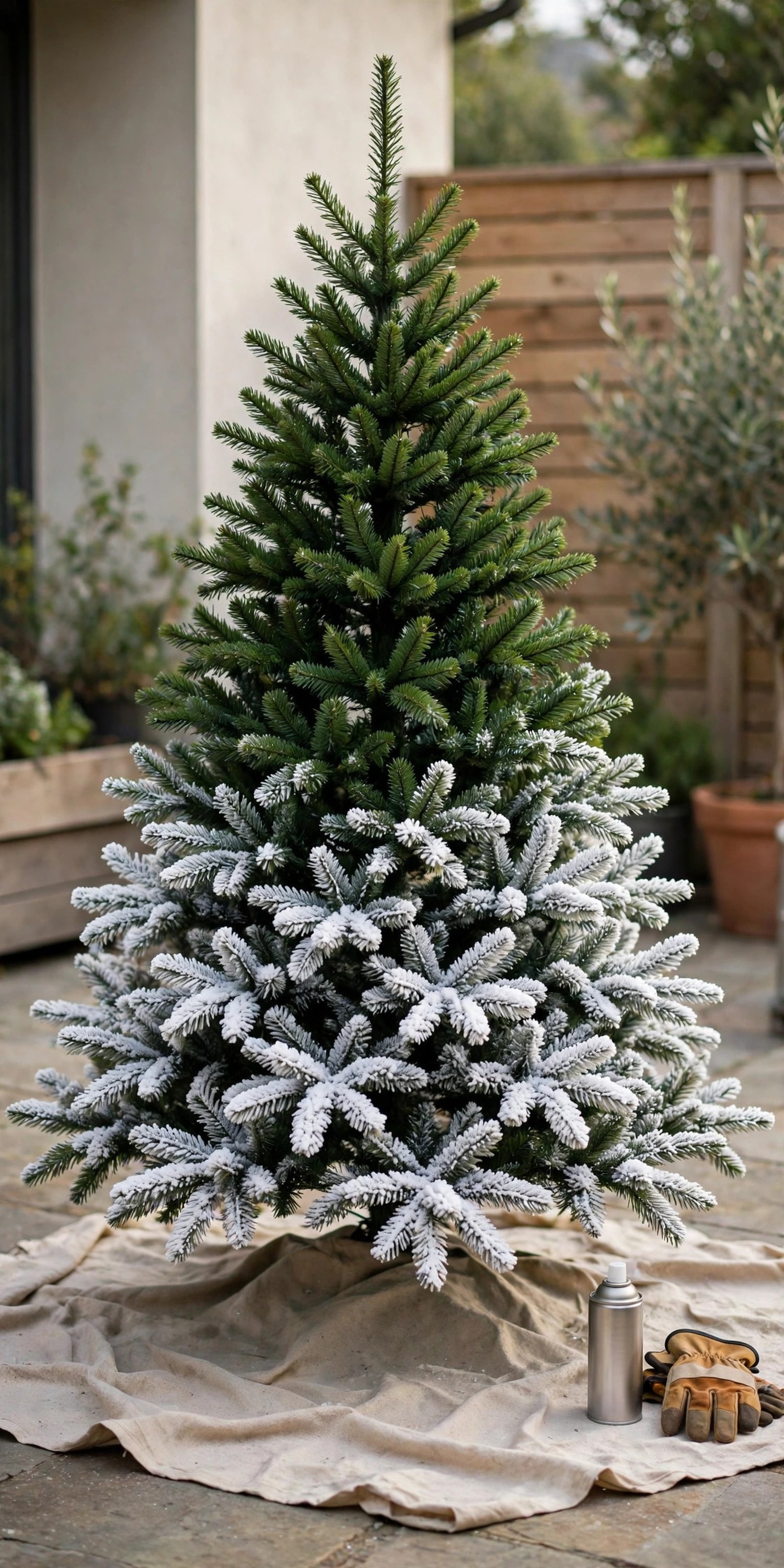 Plain green artificial Christmas tree on a patio drop cloth with its lower branches freshly flocked white, a spray can and gloves beside it