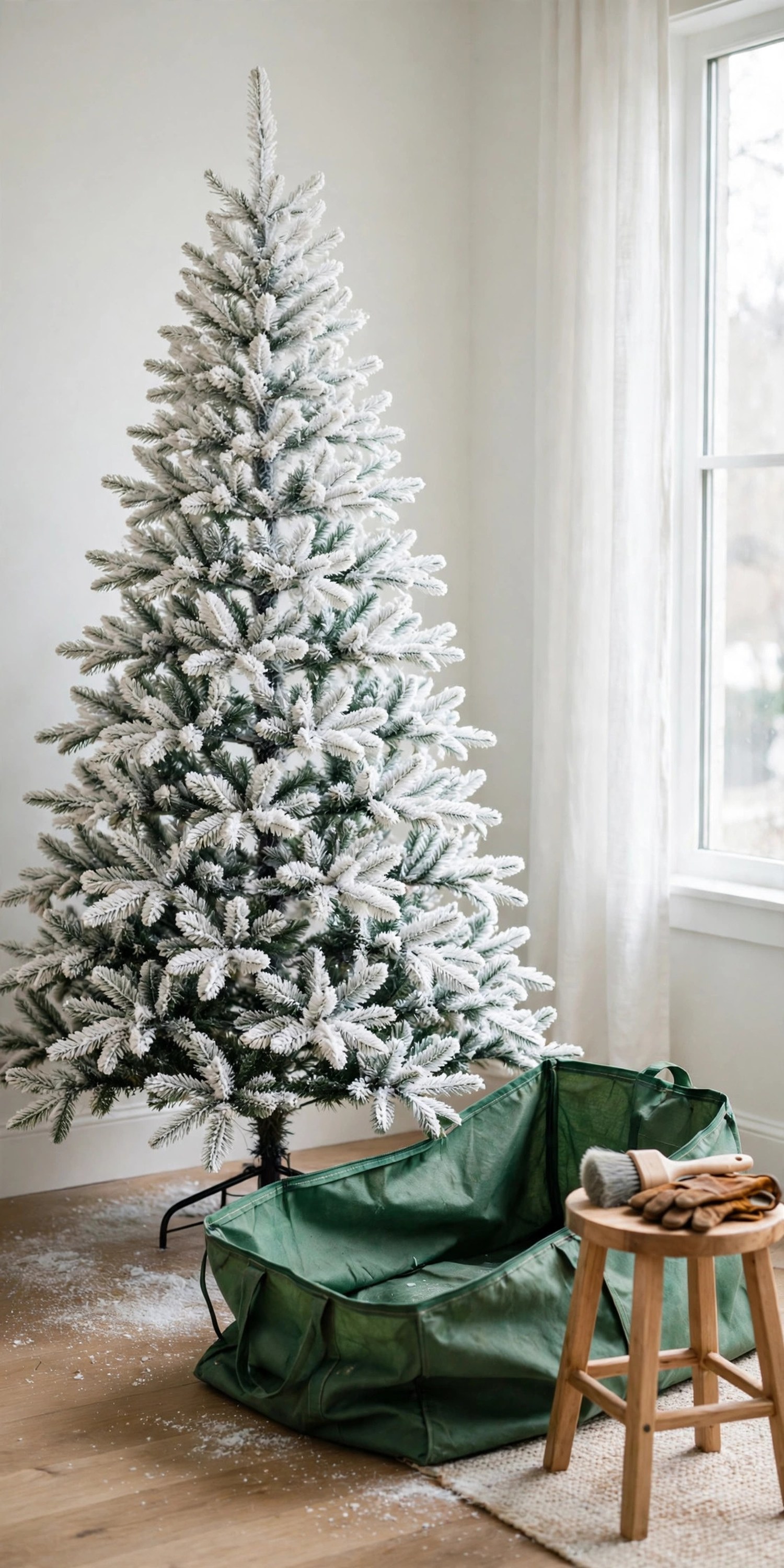 Undecorated flocked Christmas tree beside an open tree storage bag with a soft brush and work gloves on a stool