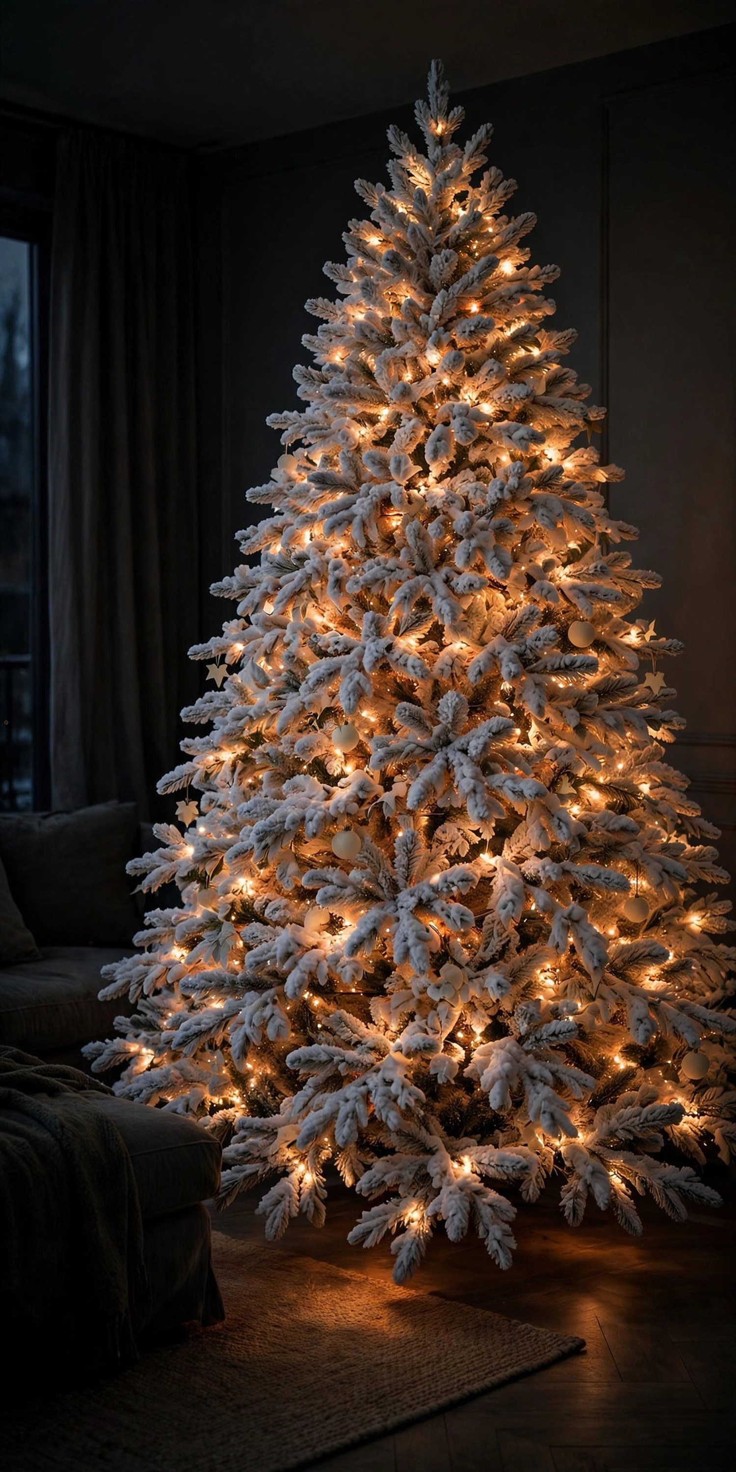 Flocked Christmas tree glowing at dusk with warm amber lights tucked deep inside its snowy branches