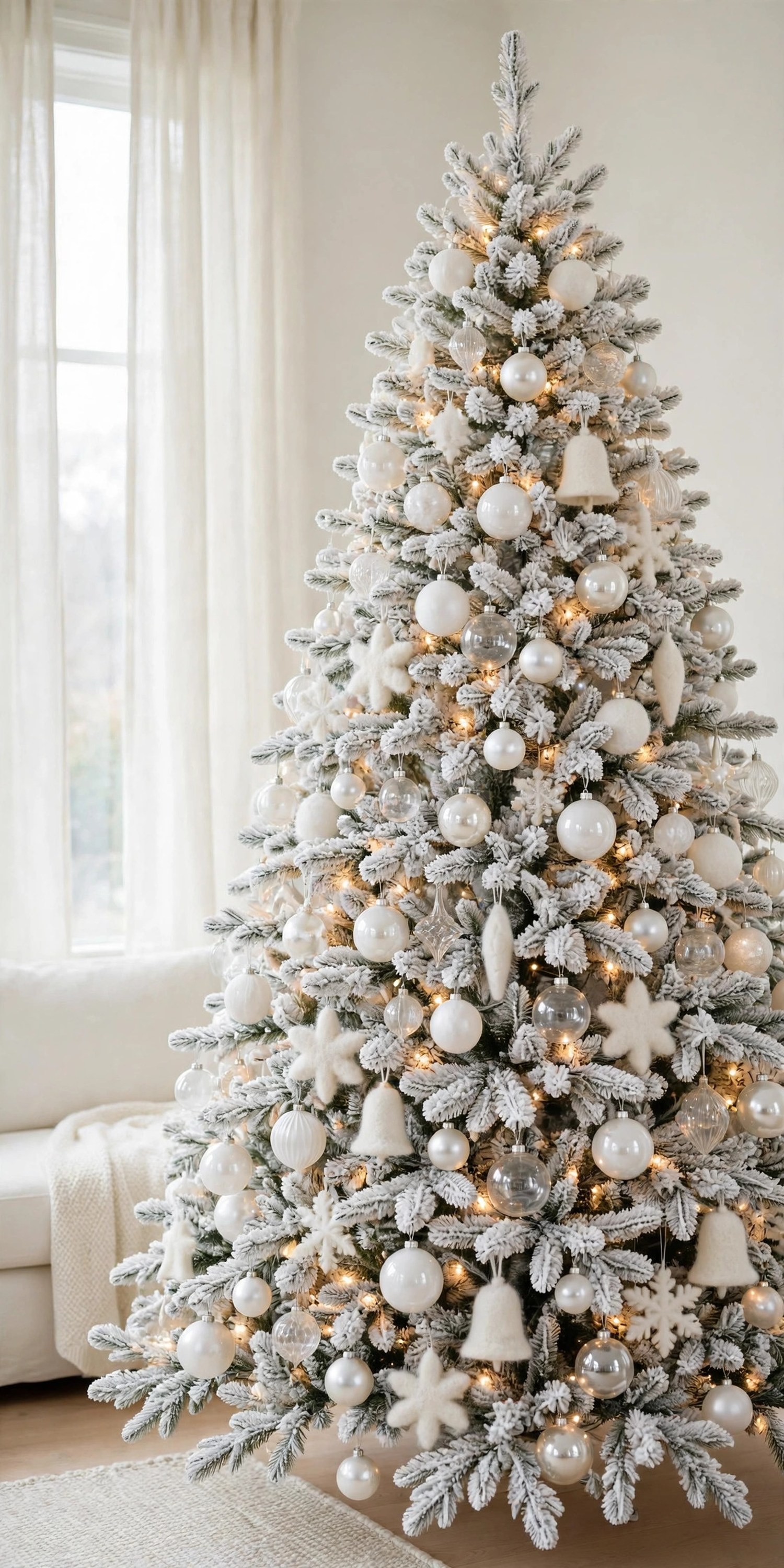 Flocked Christmas tree decorated only with white and ivory ornaments in matte, glossy, pearl and clear glass finishes