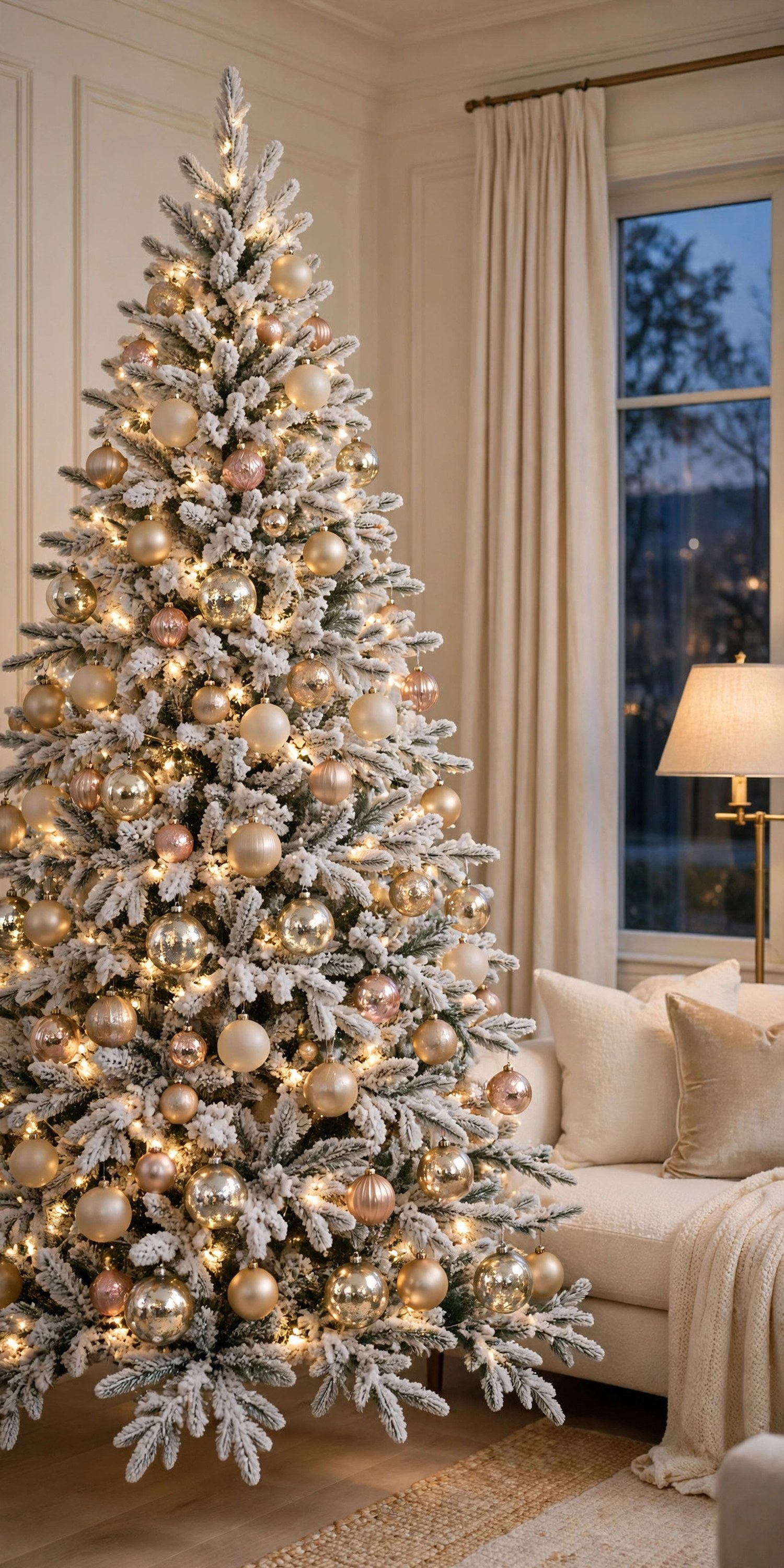 Flocked Christmas tree with champagne, brushed gold, rose gold and mercury glass ornaments in a cream living room