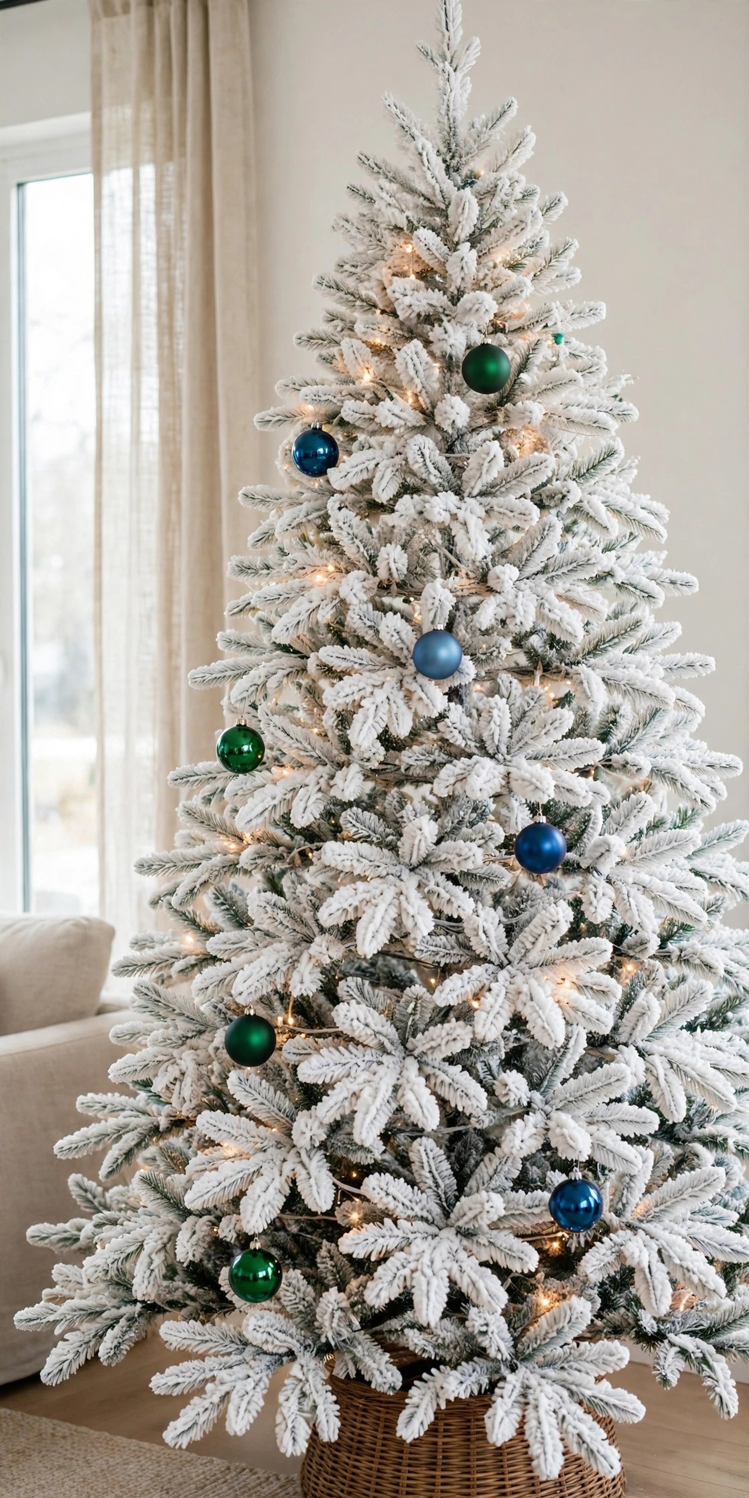 Flocked Christmas tree with emerald green and sapphire blue ornaments spaced widely across snowy white branches