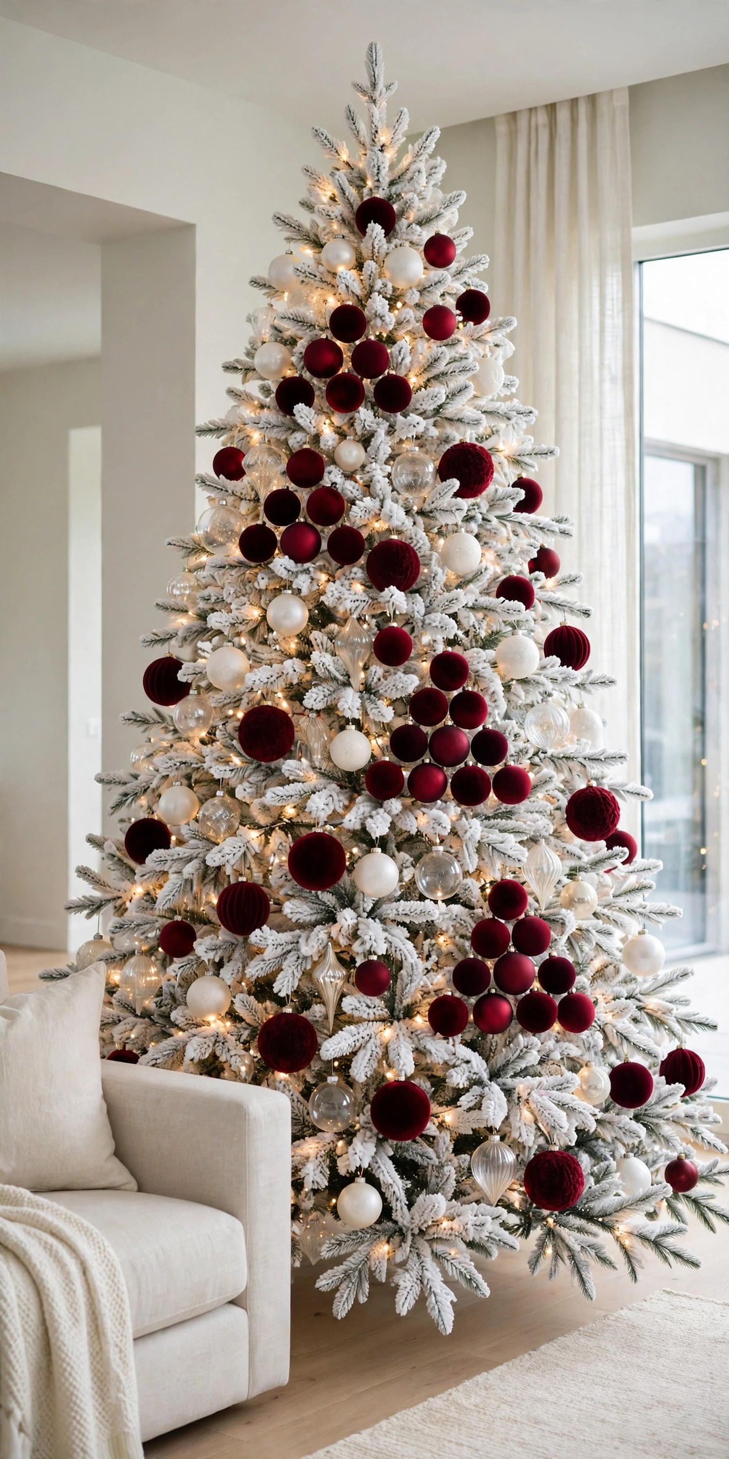 Flocked Christmas tree with deep burgundy velvet and matte ornaments and white and clear glass ornaments