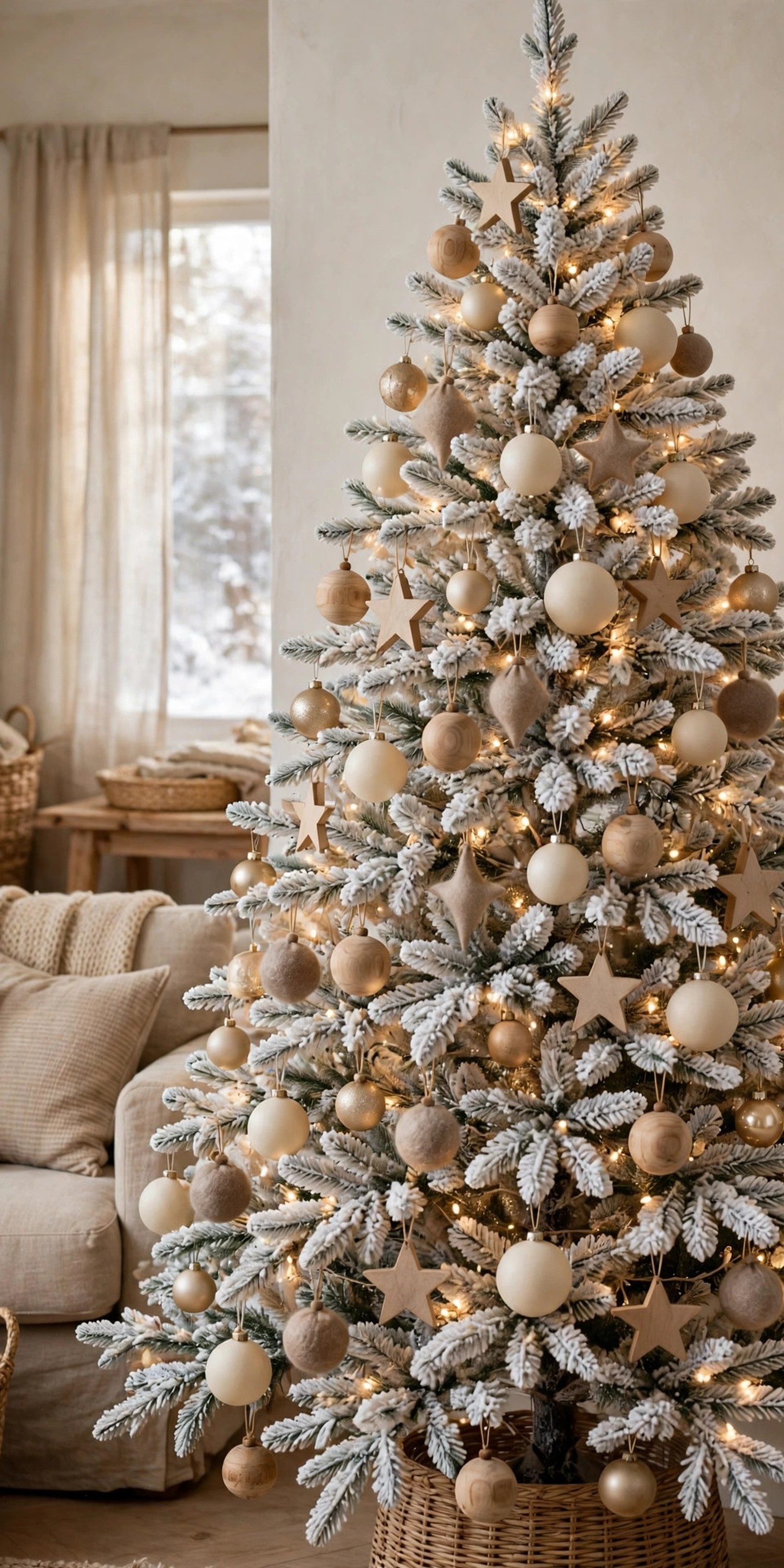 Flocked Christmas tree with cream ceramic, natural wood and taupe felt ornaments in a warm neutral living room