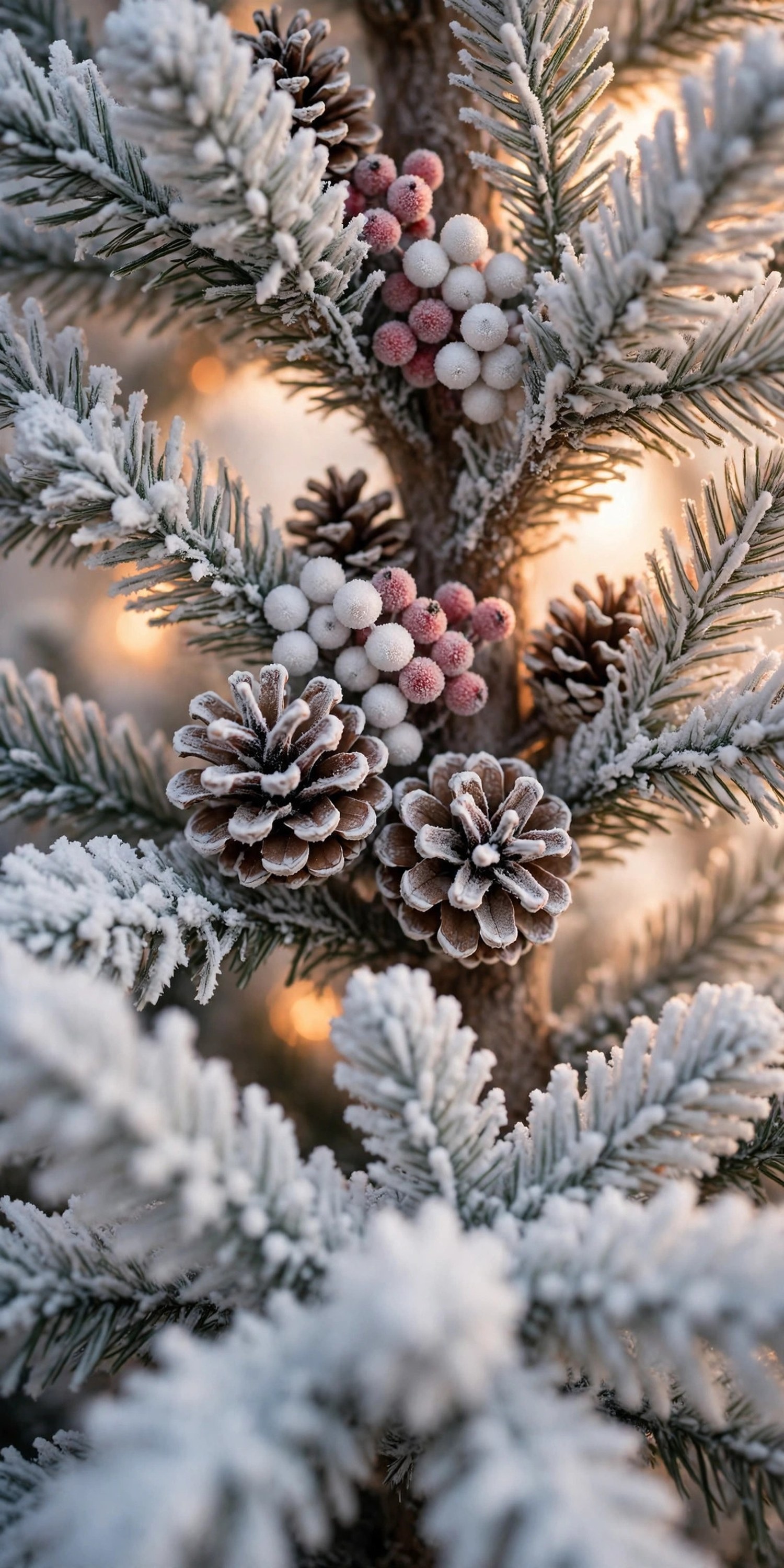 Close-up of frosted pinecones and frosted berries tucked deep inside a flocked Christmas tree near the trunk