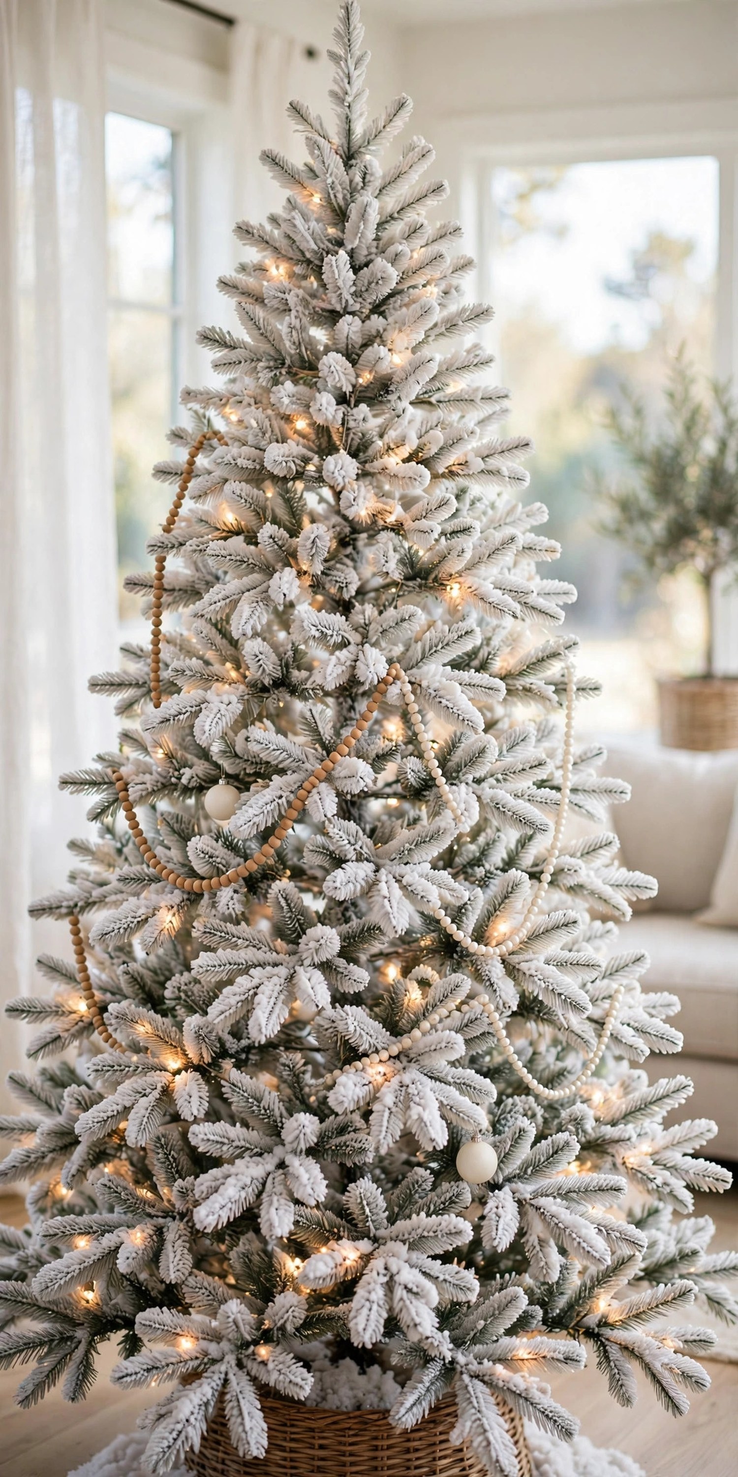 Flocked Christmas tree with wood bead and pearl garlands draped loosely between snowy branches
