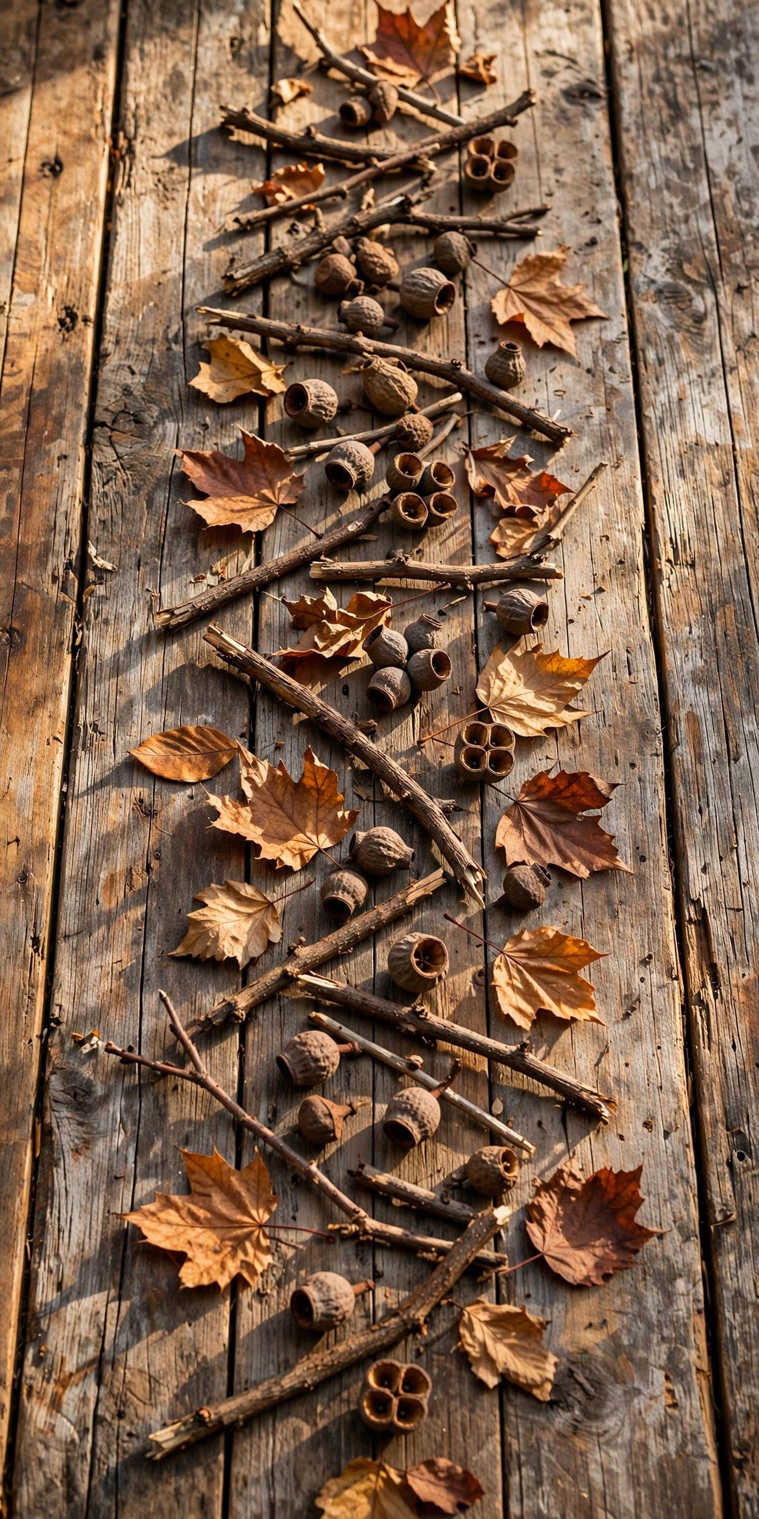 Foraged branches seed pods and autumn leaves scattered down rustic wooden table