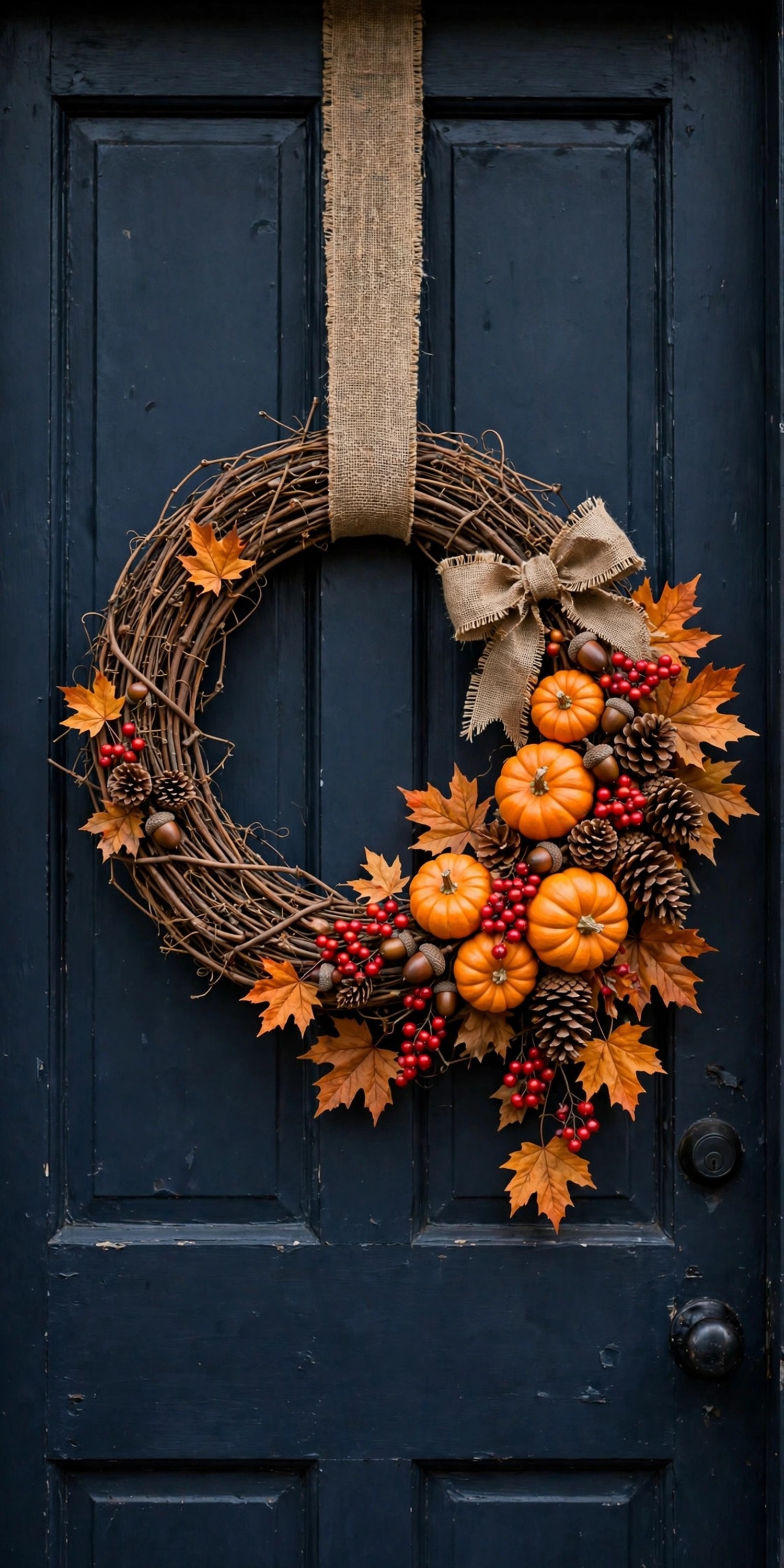 Grapevine harvest wreath with mini pumpkins berries and burlap bow on navy door