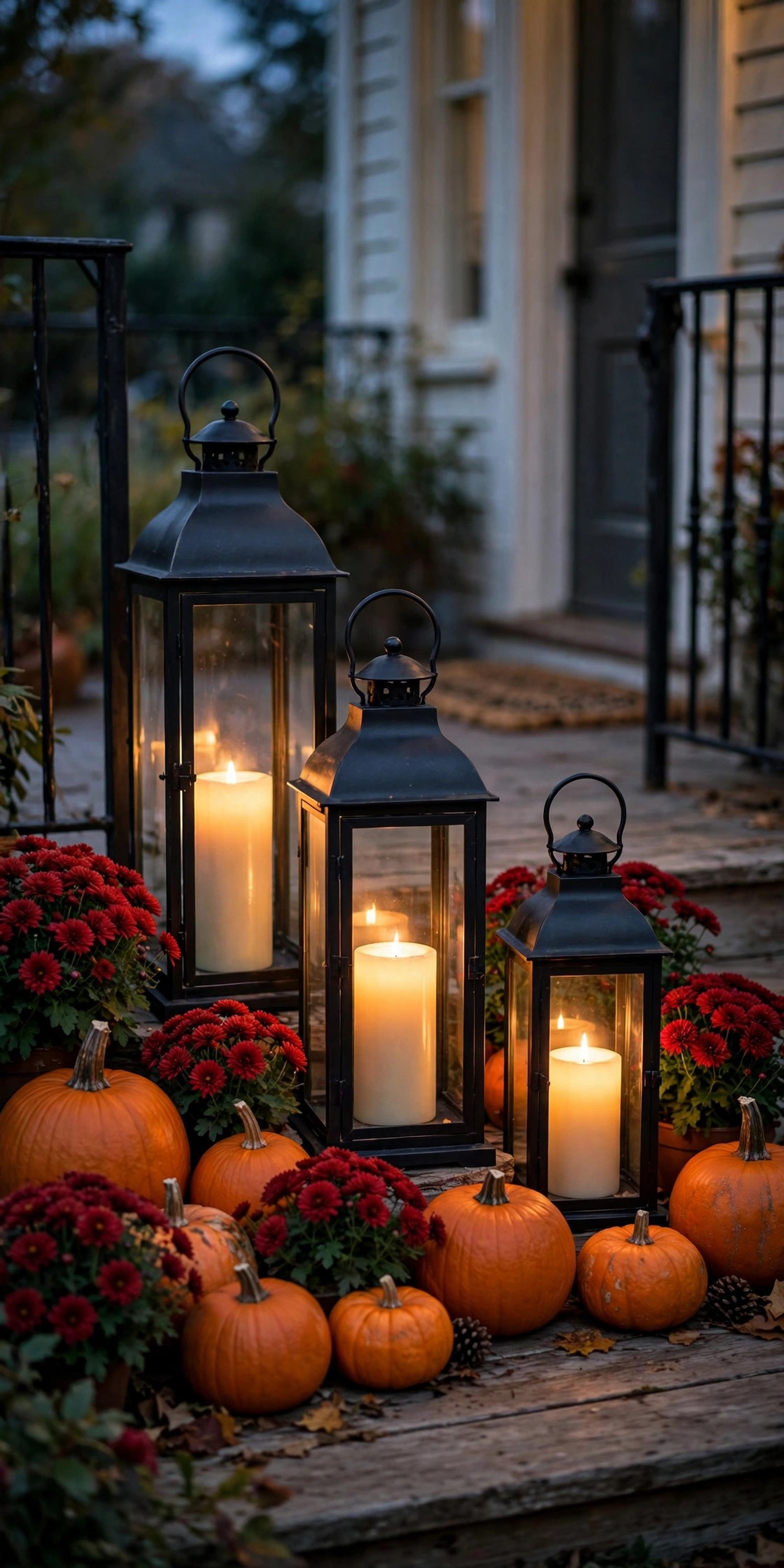 Black metal lanterns with glowing candles among pumpkins on porch at dusk