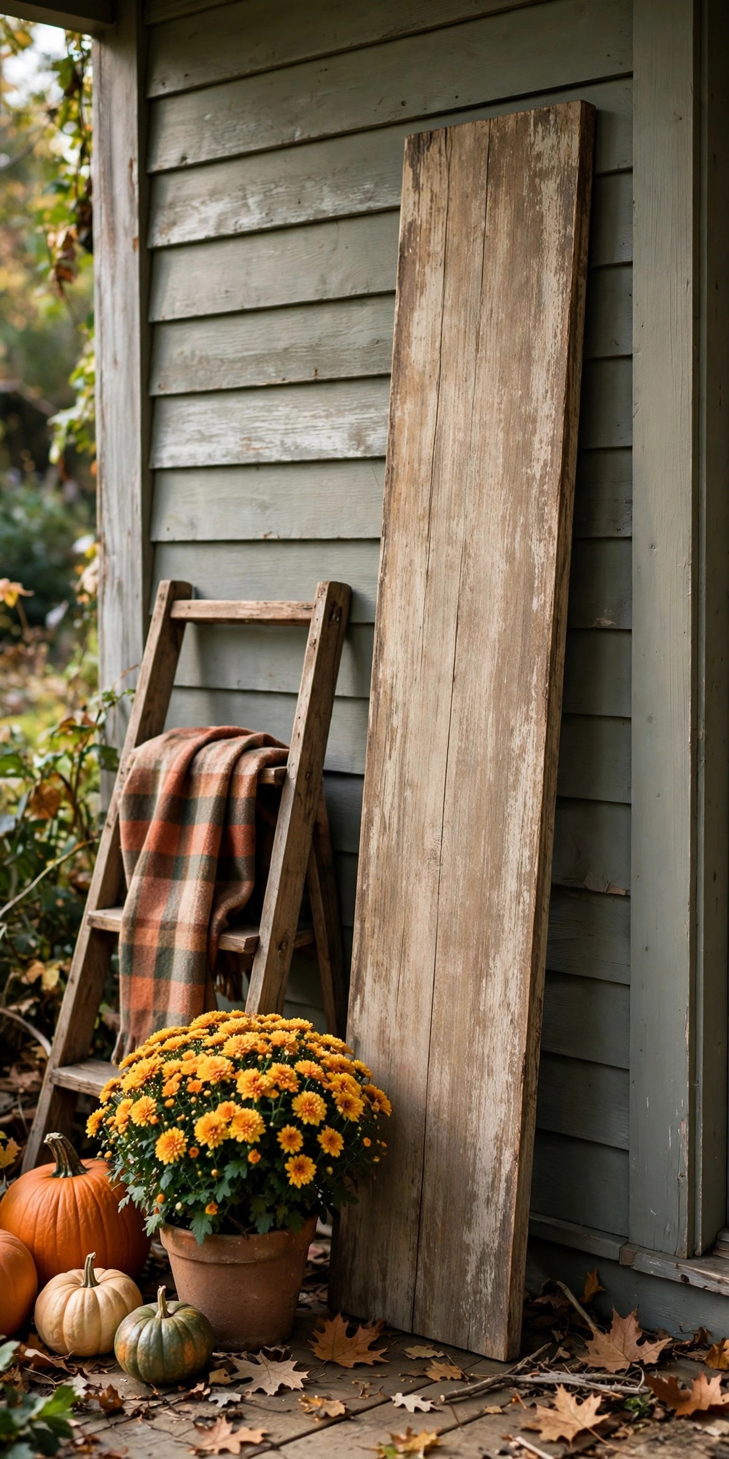Wooden welcome sign and ladder with plaid throw beside front door