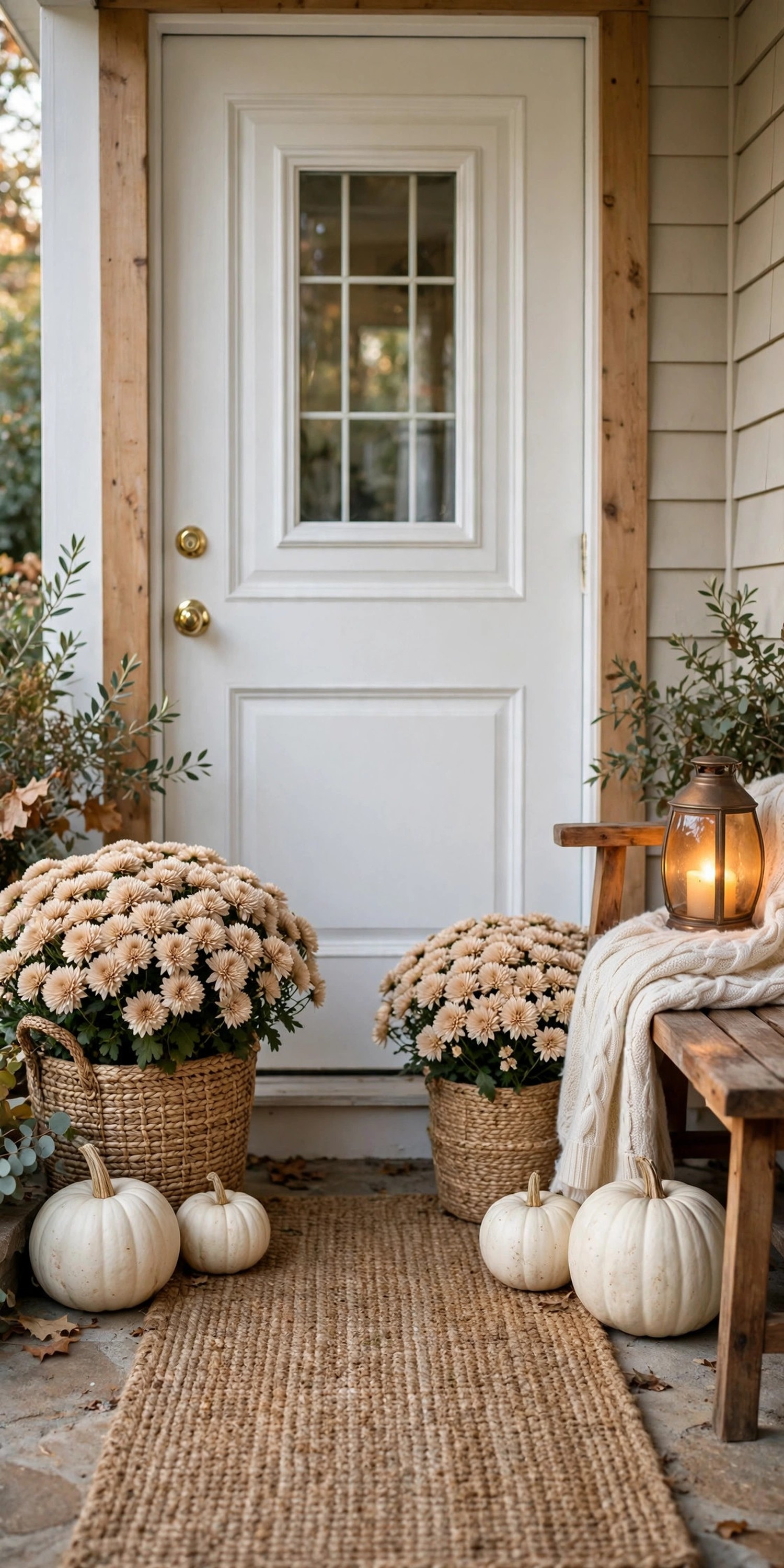 Neutral fall entry with white door beige mums and jute runner