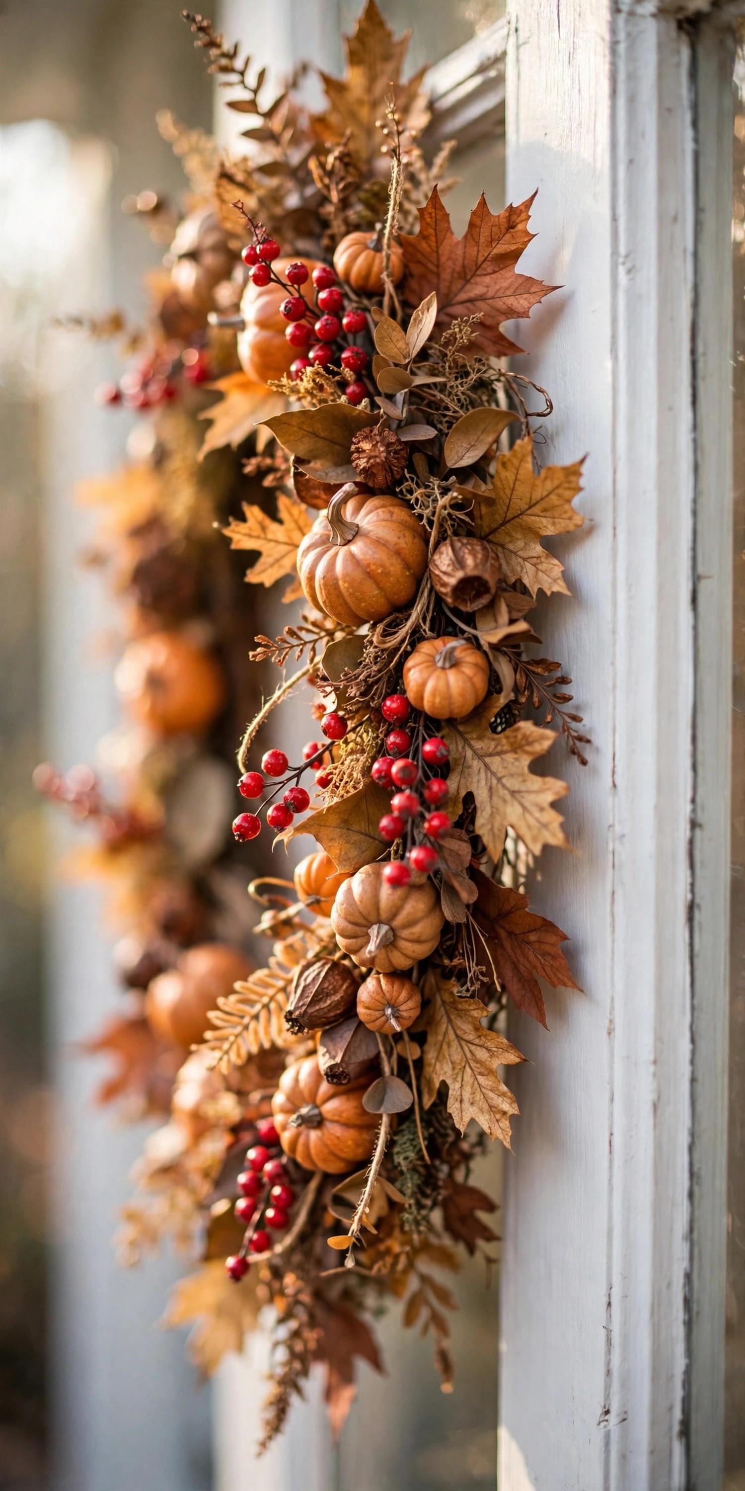 Close-up of autumn leaf garland with berry picks and mini pumpkins on door frame