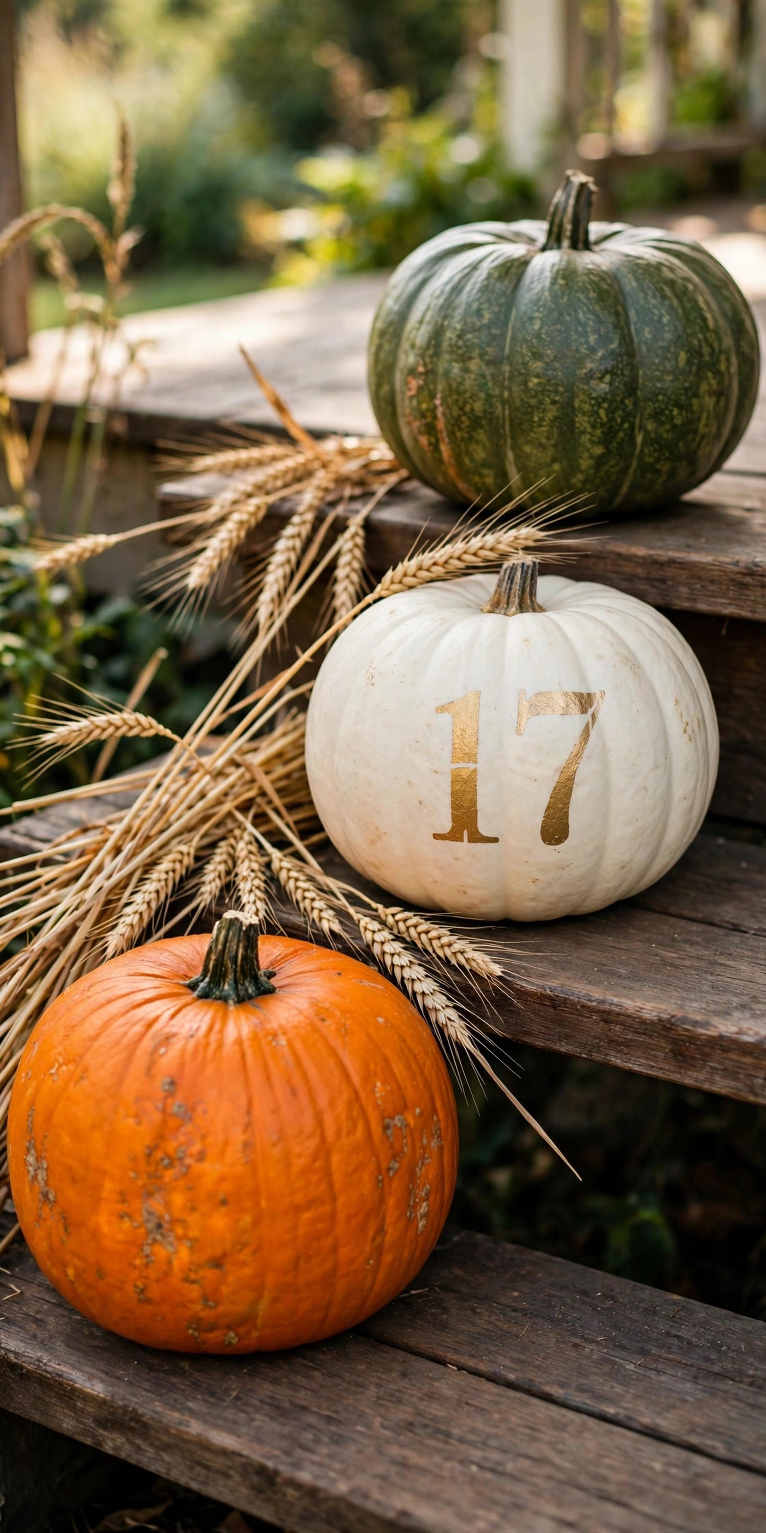 Close-up of pumpkin stair-step display with gold stenciled house number