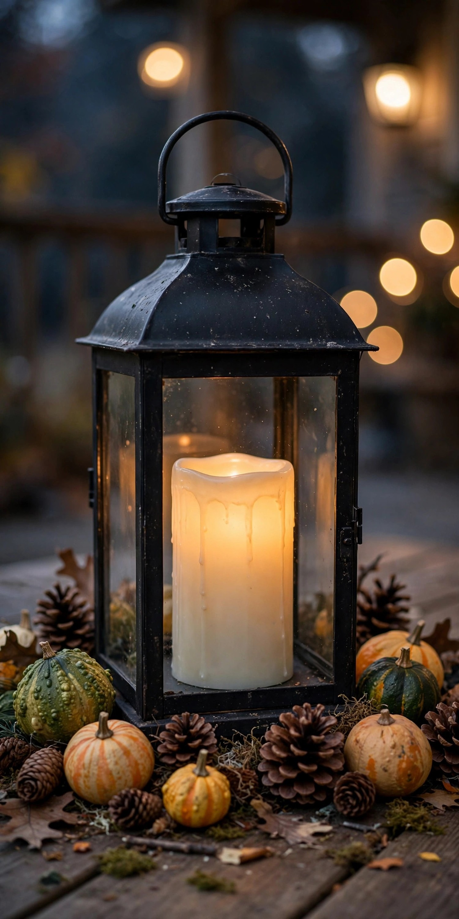 Close-up of black lantern with glowing candle among gourds at dusk