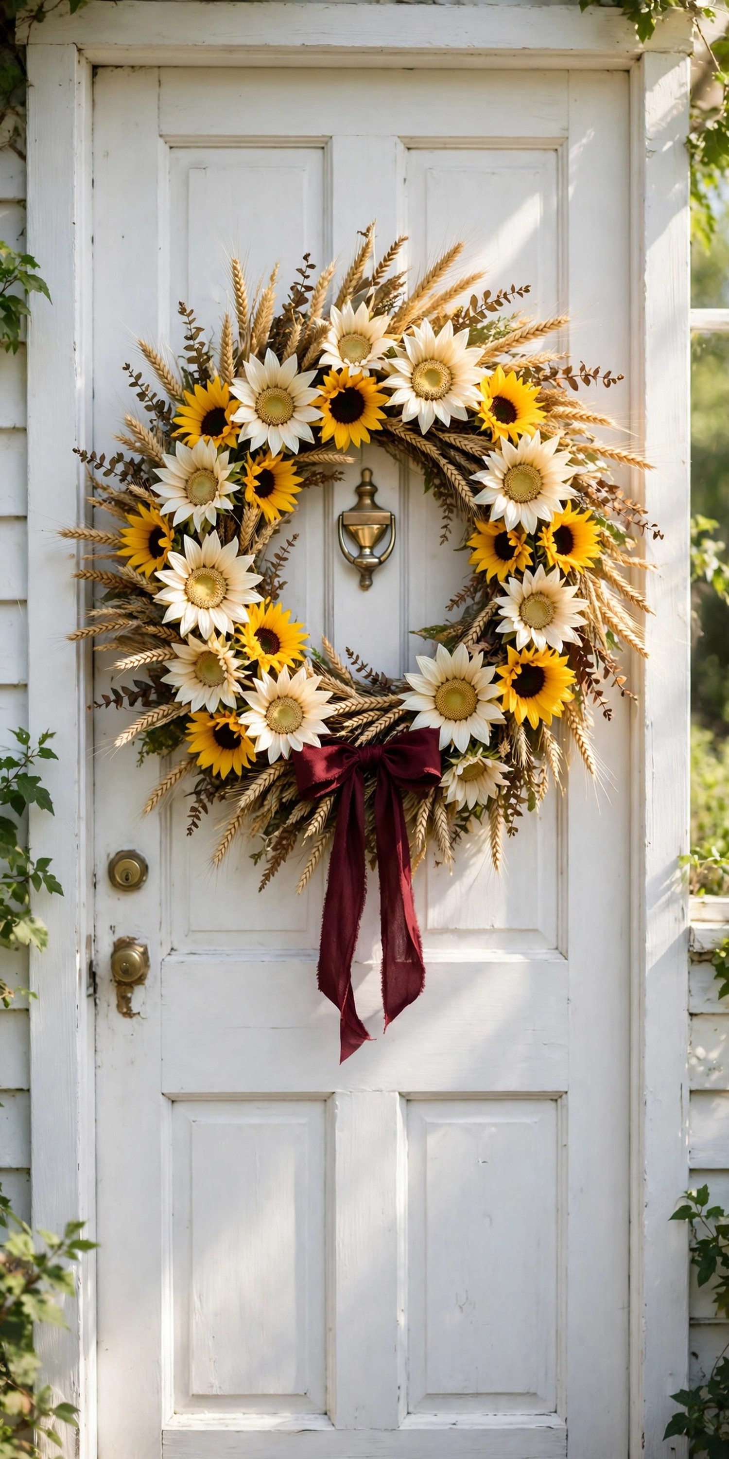 Sunflower wreath with ivory and golden sunflowers and burgundy ribbon on white door