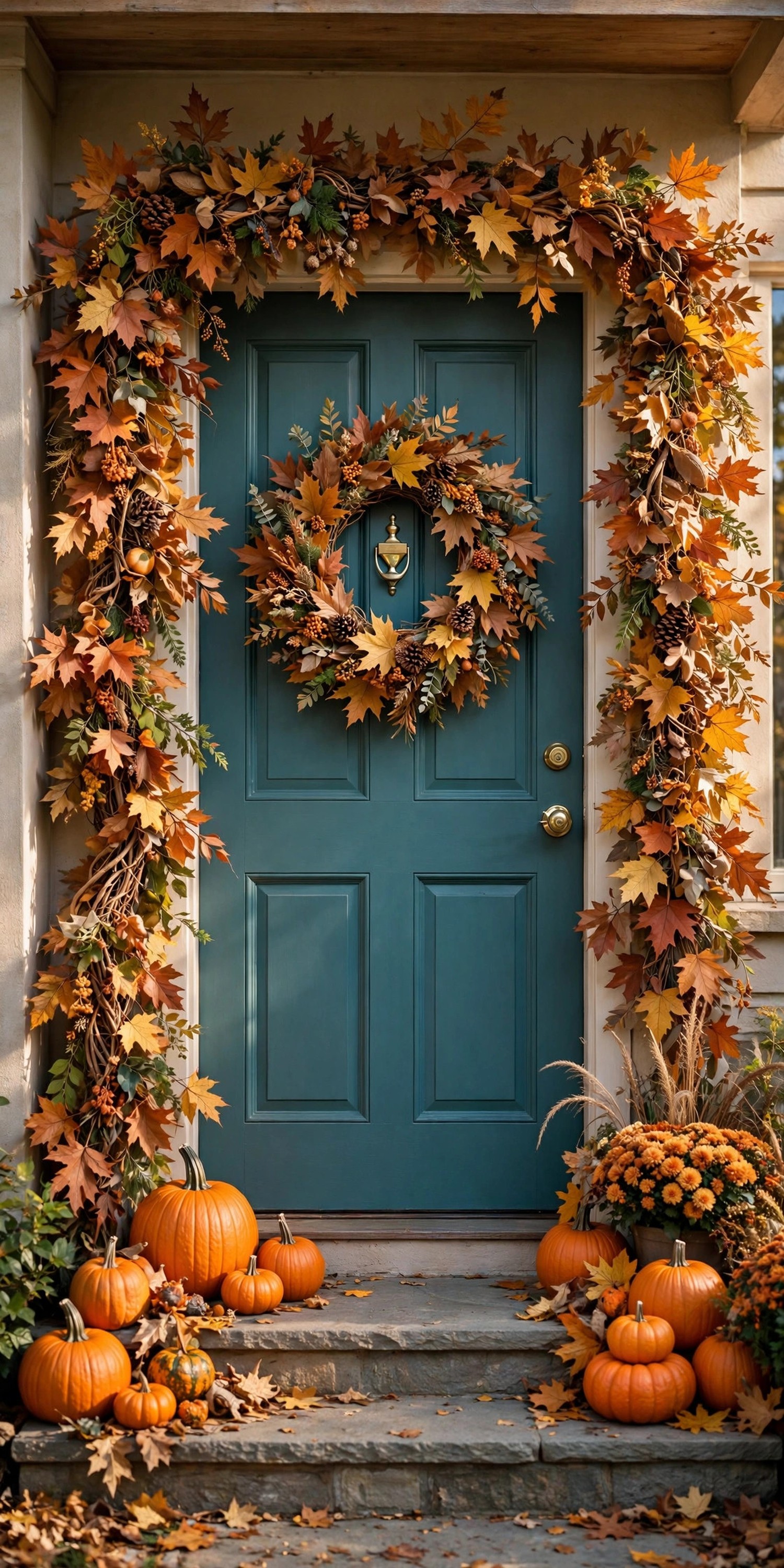 Autumn leaf garland framing a teal front door with wreath and pumpkins