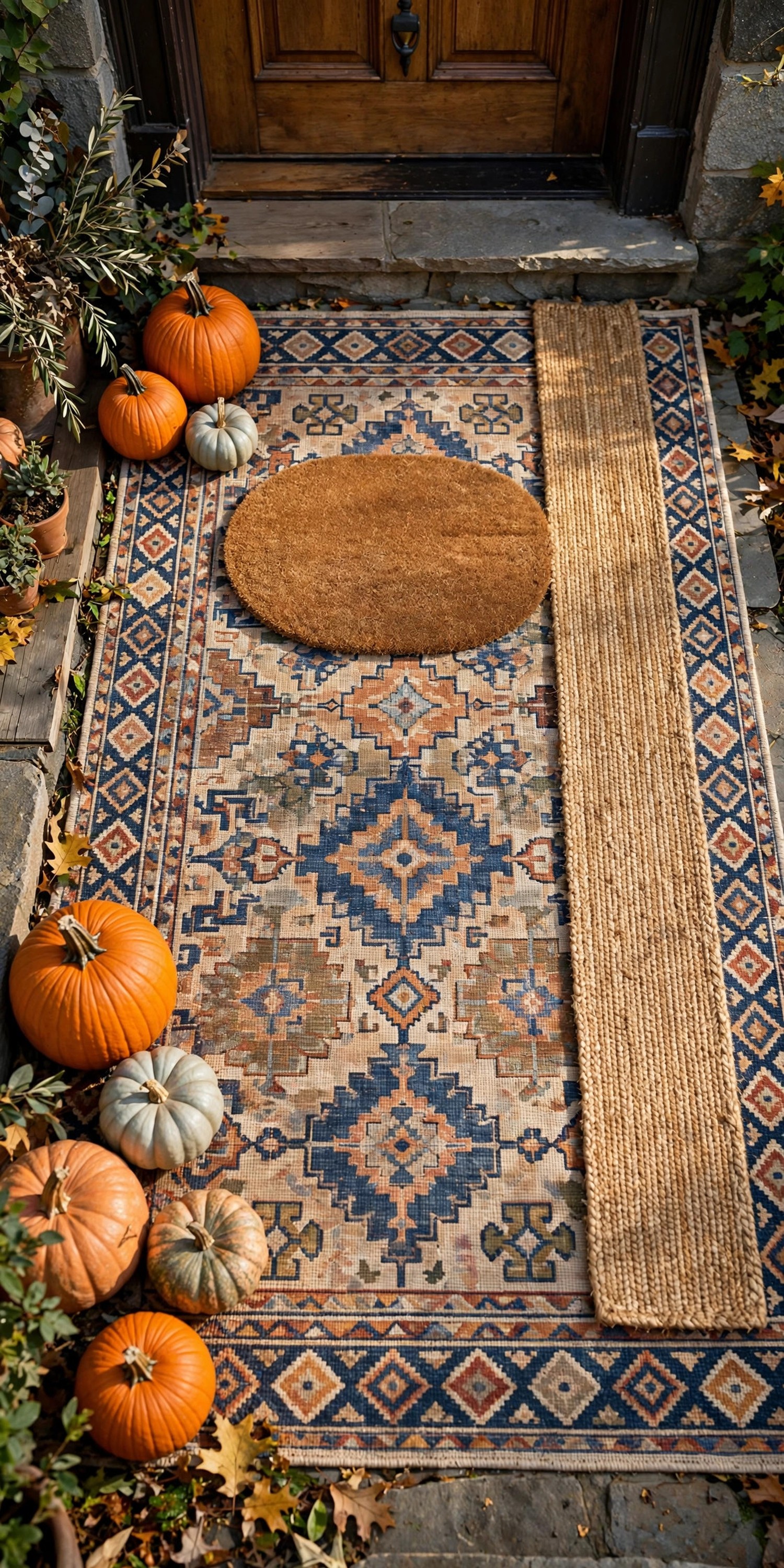 Layered doormats with patterned rug and coir mat at front door