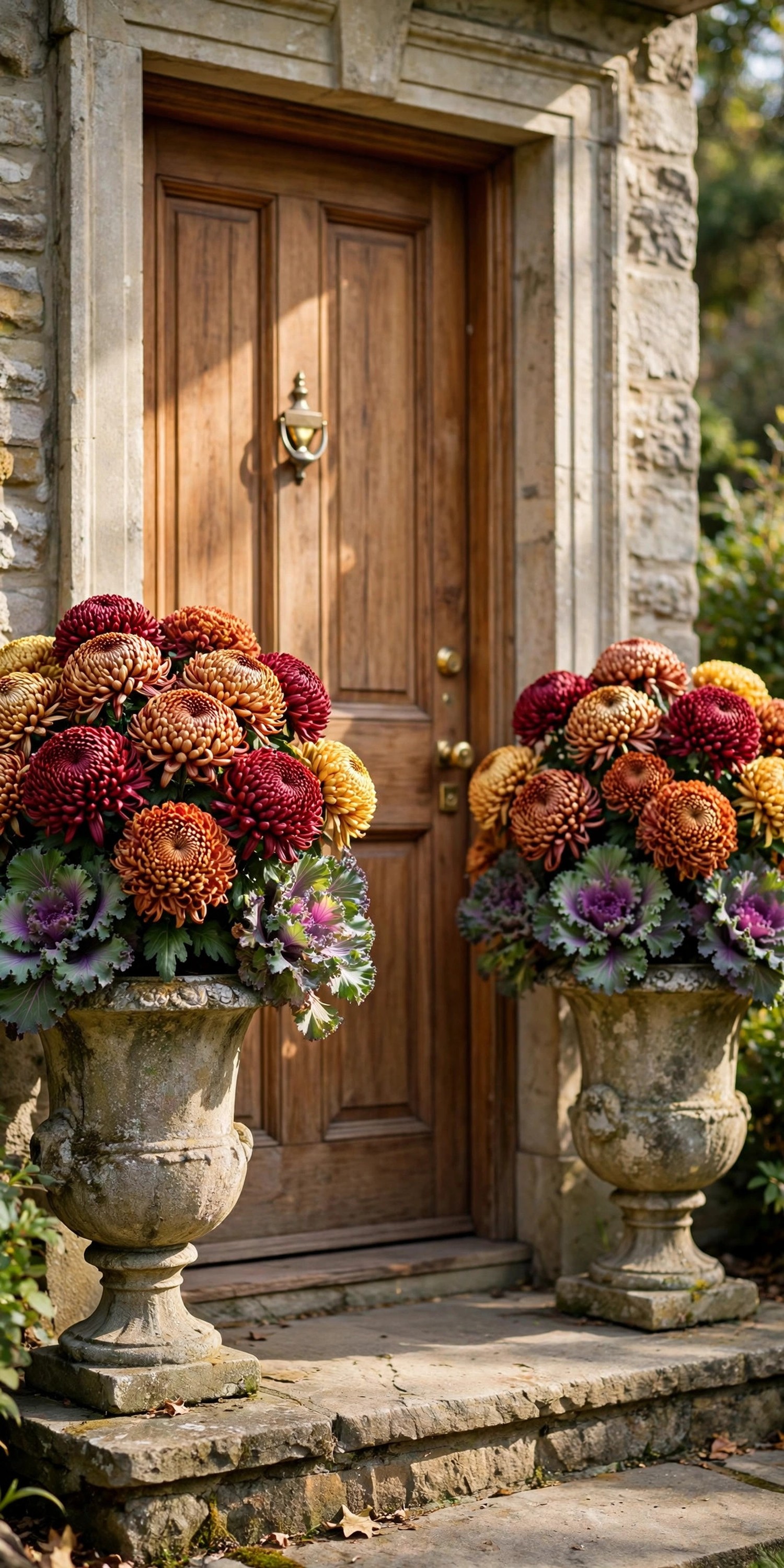 Burgundy and gold mum domes in stone urns flanking wooden front door