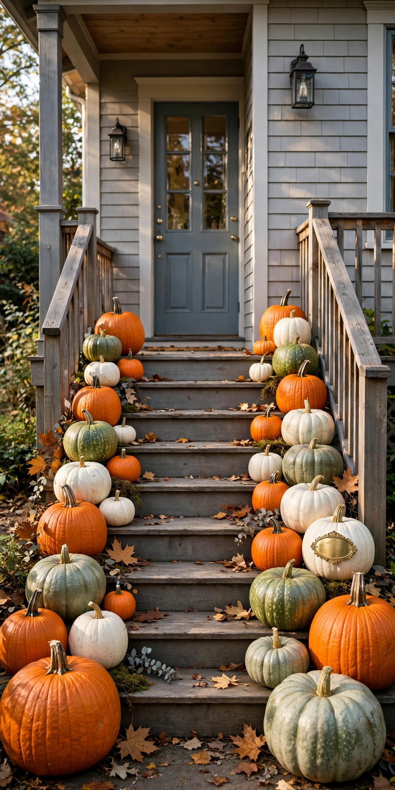 Pumpkins of all sizes cascading down both sides of front porch steps
